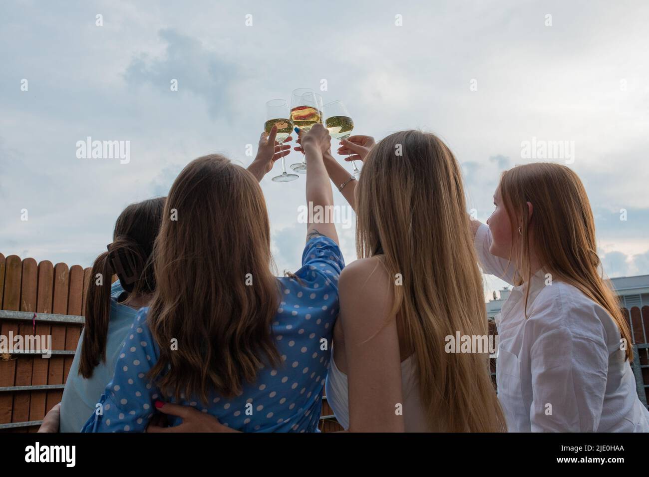 Junge Mädchen stehen zusammen, heben die Hände und klirren Gläser Weißwein Nahaufnahme Rückansicht, Himmel Hintergrund. Spaß haben und im Freien genießen Stockfoto