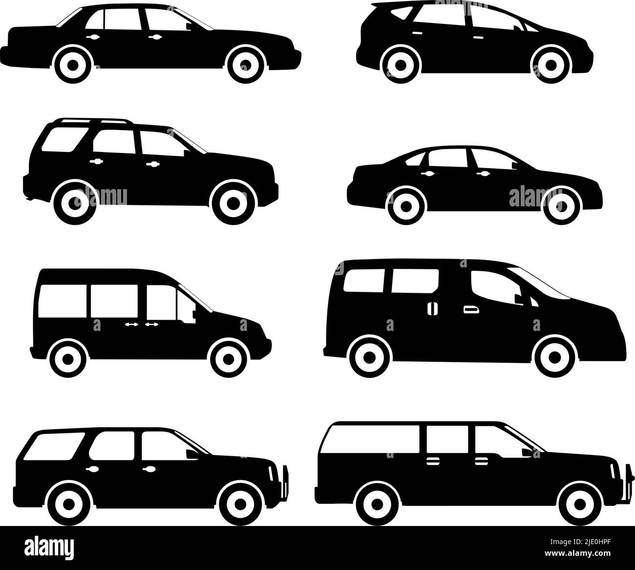 Silhouette Illustration von sechs Autos auf weißem Hintergrund. Stock Vektor
