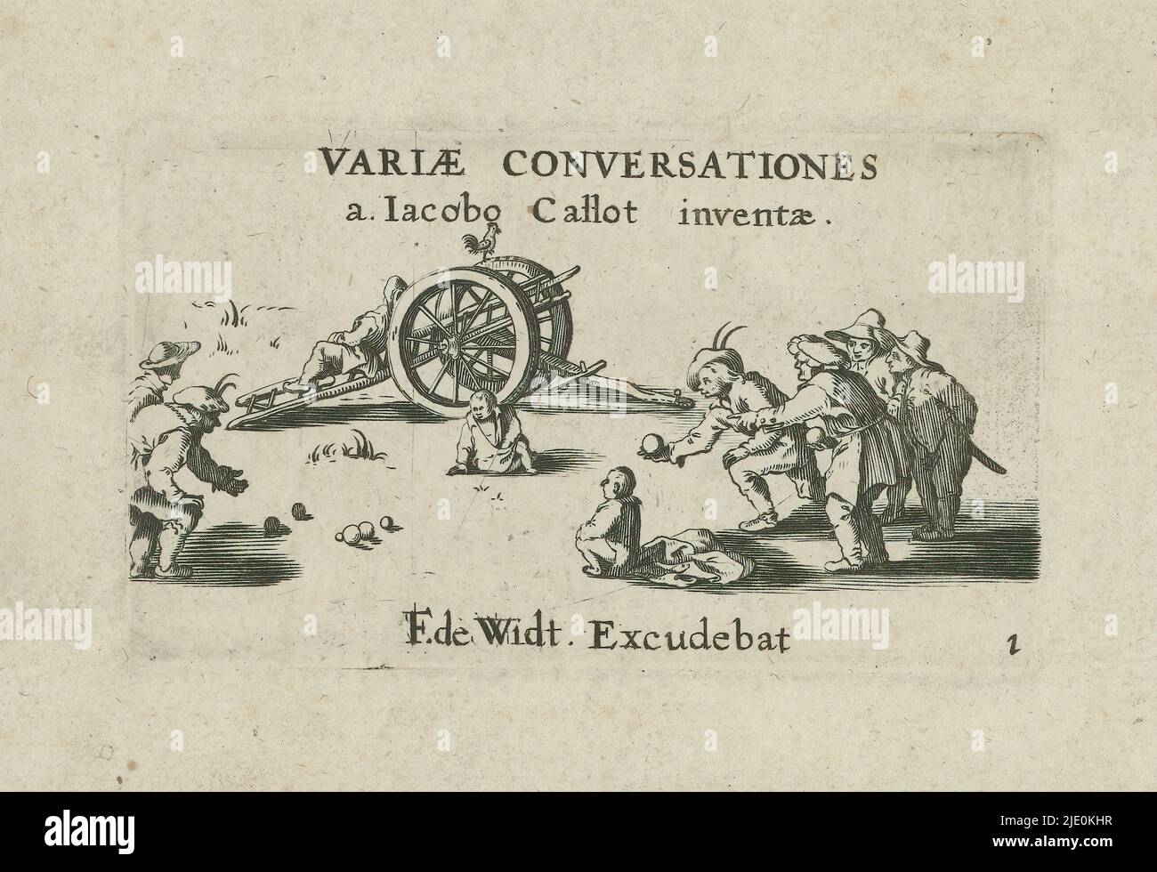 Jeu de boules, Variae Conversationes a.. Iacobo Callot inventae (Titel auf Objekt), Titelseite für eine Serie niederländischer Drucke nach Callot. Im Vordergrund Figuren spielen Boule mit Kanonenkugeln. Zwei sitzende Kinder schauen an. Hinten eine liegende Figur auf einem Holzkarren mit einem Hahn am Rad. Darüber der Titel 'Variae Conversationes'. Unten rechts: nein 1, Druckerei: Anonym, nach Zeichnung von: Jacques Callot, (auf Objekt erwähnt), Verlag: Frederik de Wit, (auf Objekt erwähnt), Druckerei: Niederlande, Verlag: Amsterdam, 1645 - 1706, Papier, Radierung, Höhe 60 mm × Breite 101 Stockfoto
