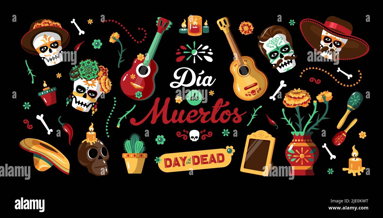 Day of Dead Mexican horizontal Poster mit nationalen mexikanischen Zeichen und Titel in spanisch Dia de muertos Vektor-Illustration Stock Vektor