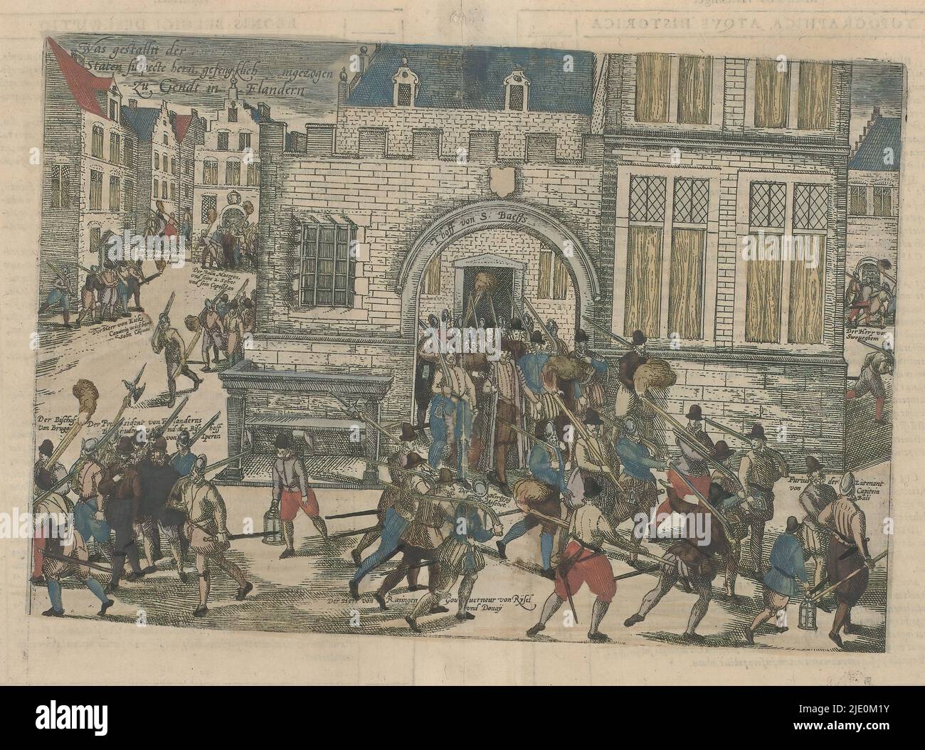 Herzog von Aarschot in Gent gefangen genommen, 1577, Serie 8: Dutch Events, 1577-1583 (Serientitel), die Einnahme des Herzogs von Aarschot und anderer Adliger am Hof von S. Baefs in Gent nach einem Staatsstreich durch Calvinisten, 28. Oktober 1577. Gedruckt mit einem Cache über der Bildunterschrift., Druckerei: Frans Hogenberg, Köln, 1588, Papier, Radierung, Höhe 267 mm × Breite 362 mm Stockfoto