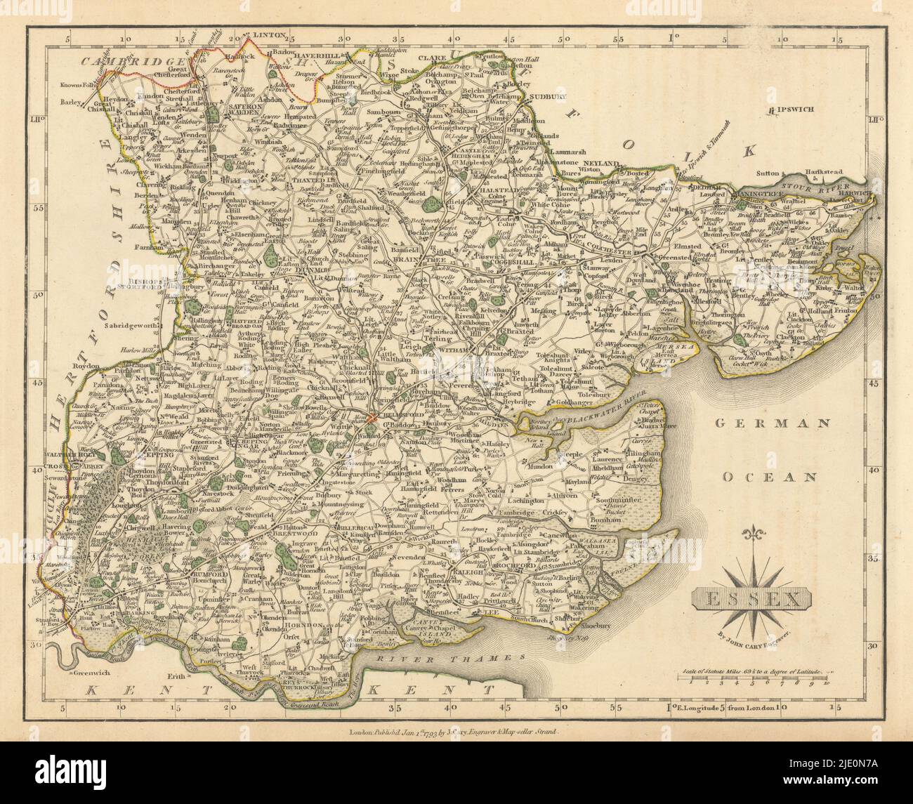 Antike Grafschaft Karte von Essex von JOHN CARY. Ursprüngliche Farbe der Umrandung 1793 alte Stockfoto
