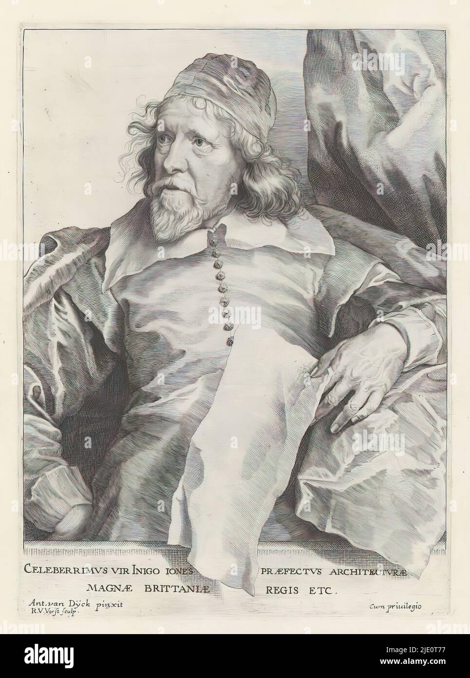 Portrait of Inigo Jones, Icones Principum Vivorum Doctorum Pictorum Chalkographorum Statuariorum nec non Amatorum Pictoriae Artis Numero Centum ab Antonio van Dyck Pictore ad Vivum Expressae Eiusq: Sumptibus aeri incisae (Serientitel), Iconographie (Serientitel), Portrait des englischen Architekten Inigo Jones. In seiner Hand ein Blatt Papier. Dieser Druck ist Teil eines Albums., Druckerei: Robert van Voerst, (erwähnt auf Objekt), nach Malerei von: Anthony van Dyck, (erwähnt auf Objekt), Verlag: Gilles Hendricx, Druckerei: London, Verlag: Antwerpen, 1630 - 1641 und/oder 1645 - 1646, Papier, e Stockfoto