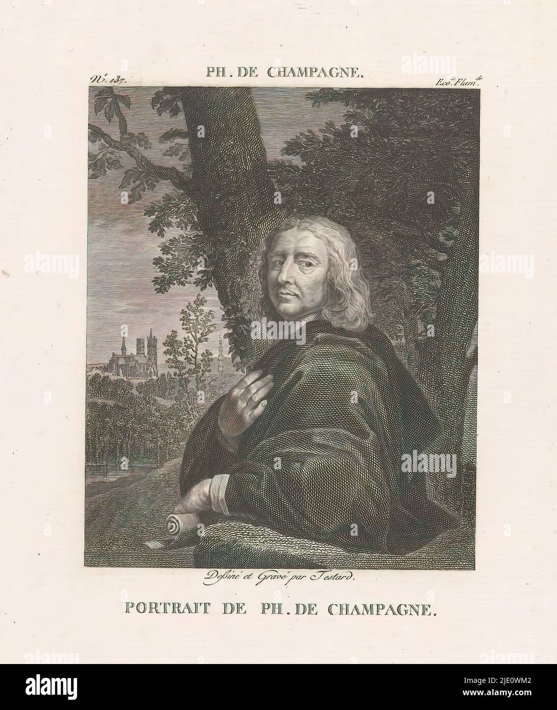 Porträt von Philippe de Champaigne in einer Landschaft, Portrait de Ph. De Champagne. (Titel auf Objekt), Philip de Champagne (1602-16740). Porträt in halber Länge, nach links, Papierrolle in der Hand, vor einer Baumlandschaft stehend. Ein Schloss in der Ferne links., Druckerei: François Martin Testard, (erwähnt auf Objekt), nach Zeichnung von: François Martin Testard, (erwähnt auf Objekt), Paris, c. 1800 - vor c. 1899, Papier, Gravur, Höhe 266 mm × Breite 177 mm Stockfoto