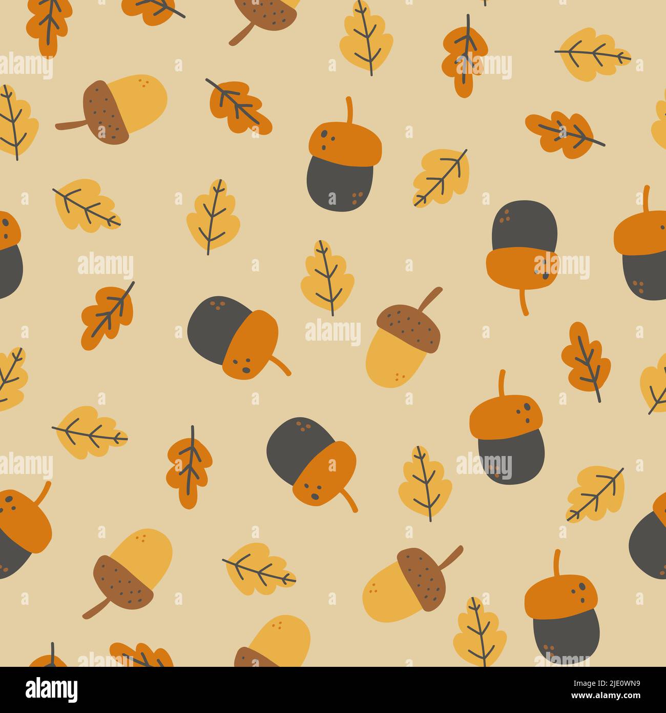 Nahtloses Muster mit Herbstblättern und Beeren. Farbenfrohe, sich wiederholende Hintergrundfarbe mit Eichenblättern und Eicheln zum Einwickeln von Papier. Flache Vektorgrafik Stock Vektor