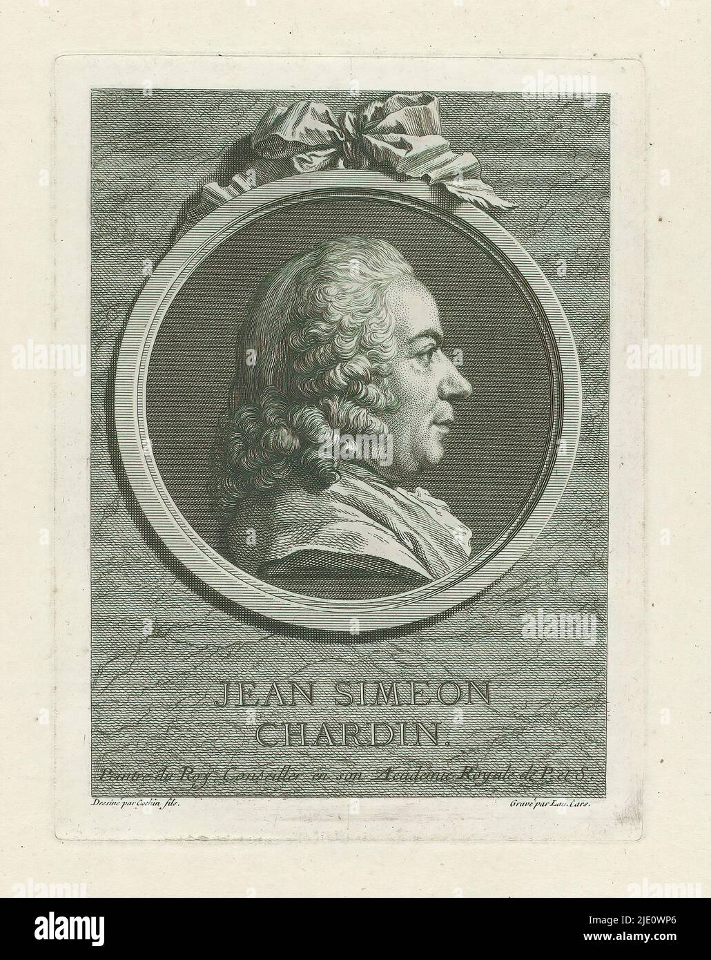 Porträt von Jean Baptiste Siméon Chardin, Jean Simeon Chardin (Titel auf Objekt), Büst en Profil rechts, in runder Medaillon, mit Bogenmitte., Druckerei: Laurent Cars, (auf Objekt erwähnt), nach Zeichnung von: Charles Nicolas Cochin (II), (auf Objekt erwähnt), Frankreich, c. 1755, Papier, Radierung, Gravur, Höhe 190 mm × Breite 144 mm Stockfoto