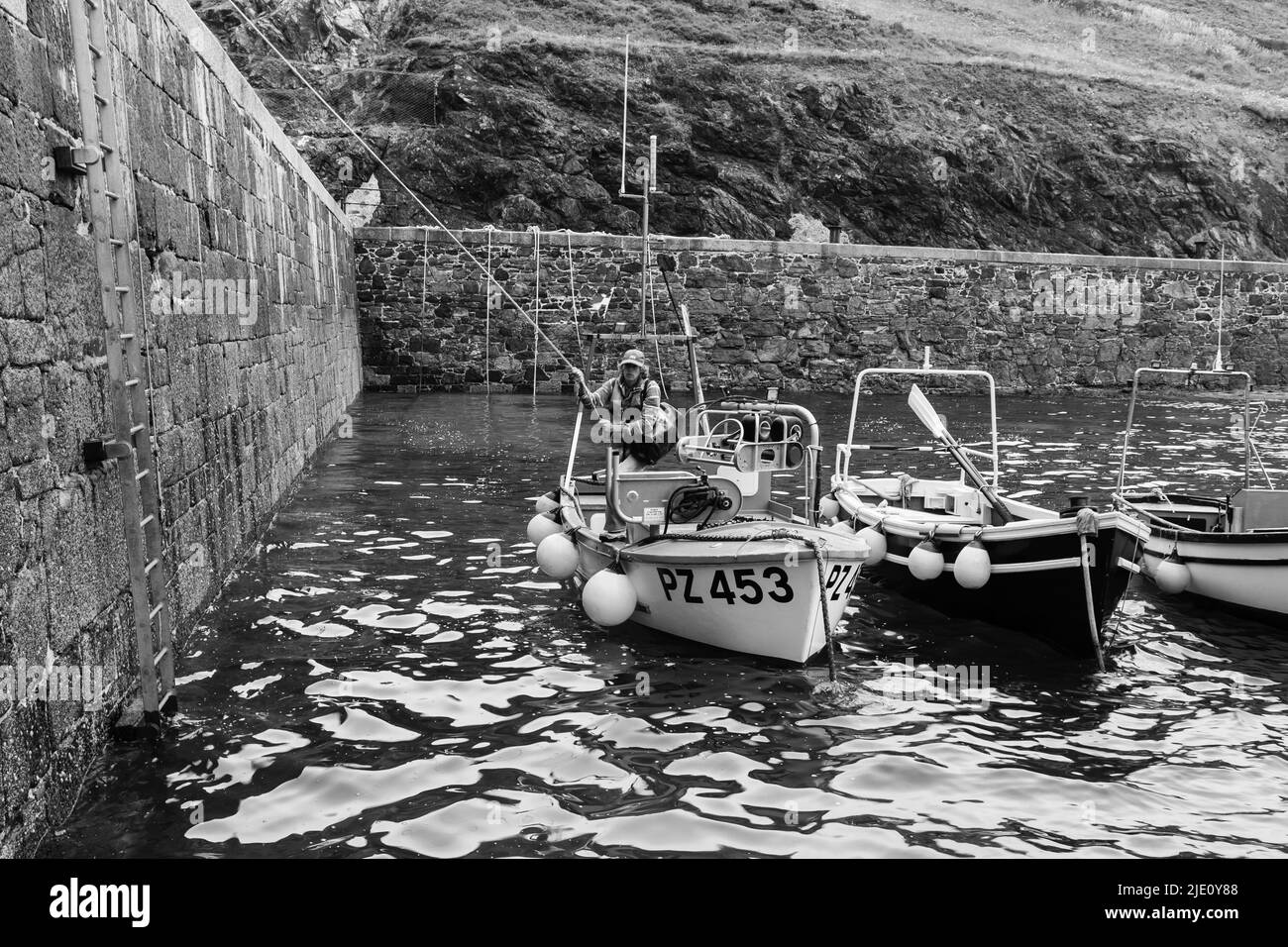 Fischer entlädt seinen Fang in Mullion Harbor, Cornwall Stockfoto