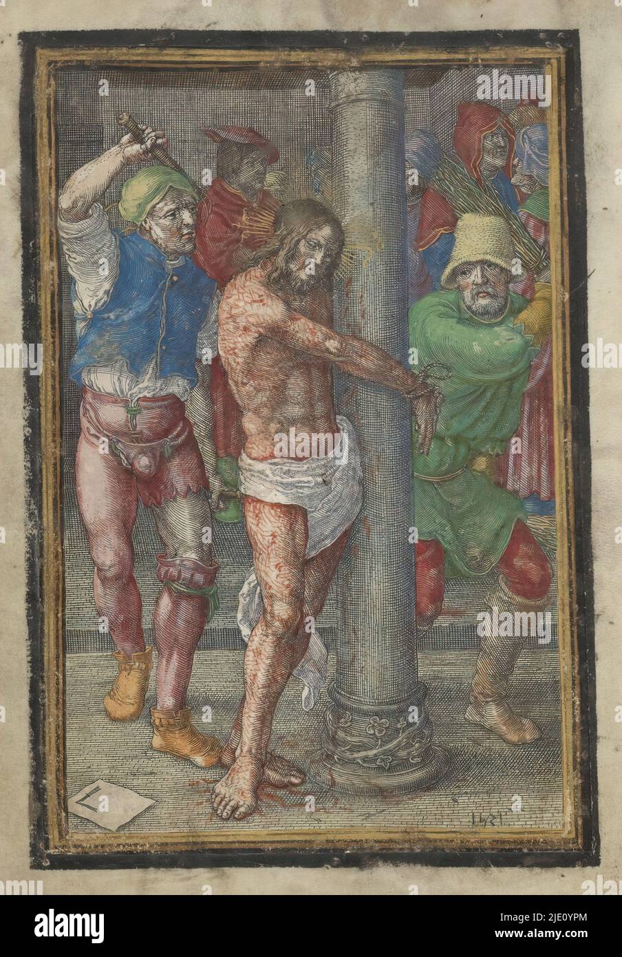 Auspeitschung, Passion of Christ (Serientitel), Christus wird an eine Säule gebunden und von zwei Männern mit Peitsche und Rute ausgepeitscht. Dieser Druck ist Teil eines handschriftlichen Gebetsbuches., Druckerei: Lucas van Leyden, (auf Objekt erwähnt), nach eigenem Entwurf von: Lucas van Leyden, Leiden, 1521, Papier, Gravur, Höhe 149 mm × Breite 105 mm Stockfoto