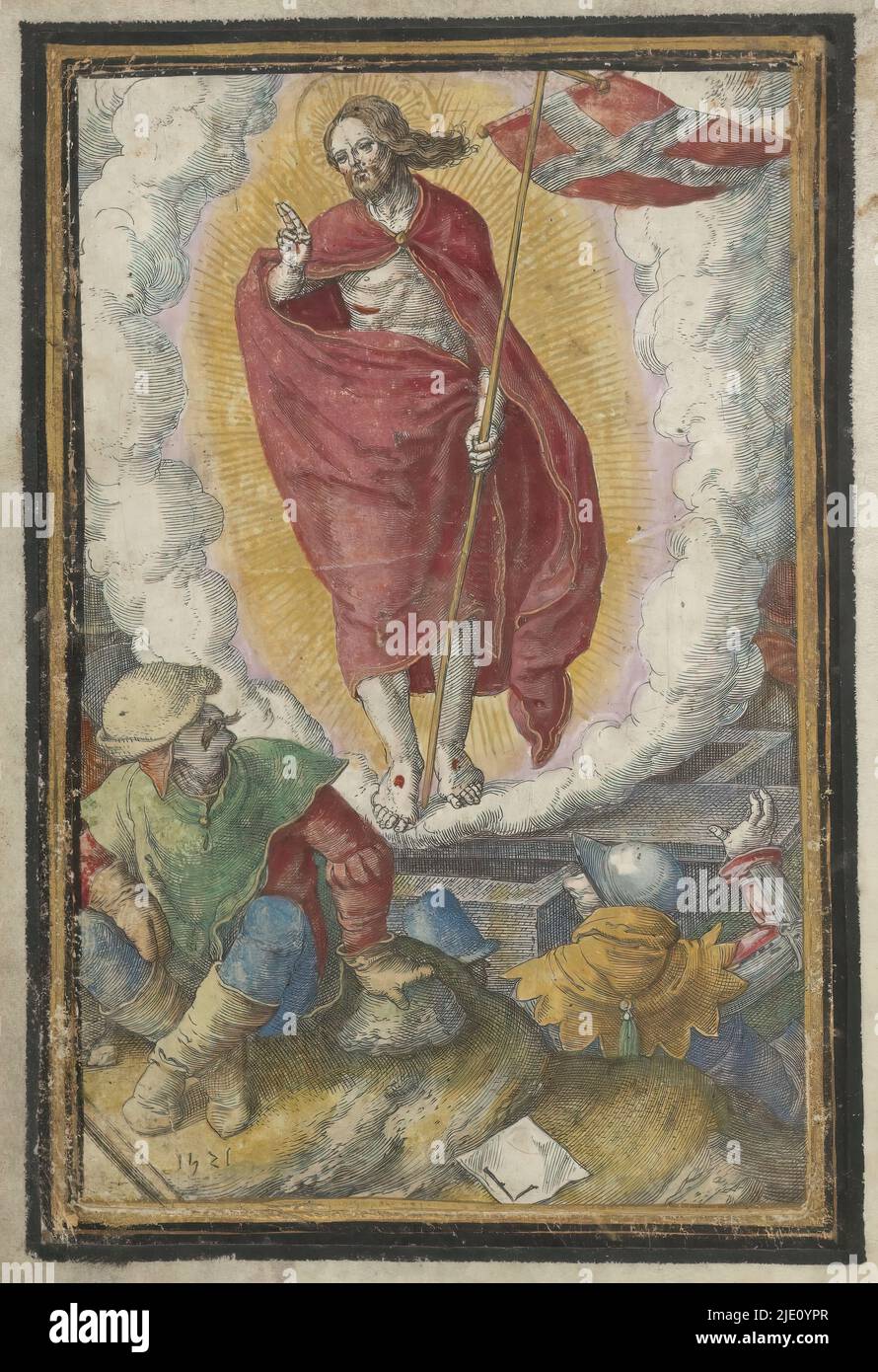 Auferstehung, Passion Christi (Serientitel), Christus erscheint mit dem Banner der Auferstehung über dem geöffneten Sarkophag. Verängstigte Soldaten umgeben das Grab. Dieser Druck ist Teil eines handschriftlichen Gebetsbuches., Druckerei: Lucas van Leyden, (auf Objekt erwähnt), nach eigenem Entwurf von: Lucas van Leyden, Leiden, 1521, Papier, Gravur, Höhe 149 mm × Breite 105 mm Stockfoto