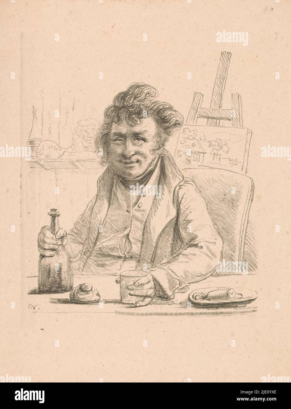 Porträt des Schauspielers Jolly in der Rolle des Künstlers Lantara, der Schauspieler Adrien Jean Baptiste Mussat, genannt Jolly, in der Rolle des Bohemian und Künstler Lantara. Er sitzt an einem Tisch, umklammert mit der linken Hand ein Glas und mit der rechten eine Flasche. Im Hintergrund eine Staffelei, die eine Landschaft darstellt., Druckerei: Dominique Vivant Denon (Baron), (auf Objekt erwähnt), Paris, c. 1810 - c. 1825, Papier, Höhe 337 mm × Breite 245 mm Stockfoto