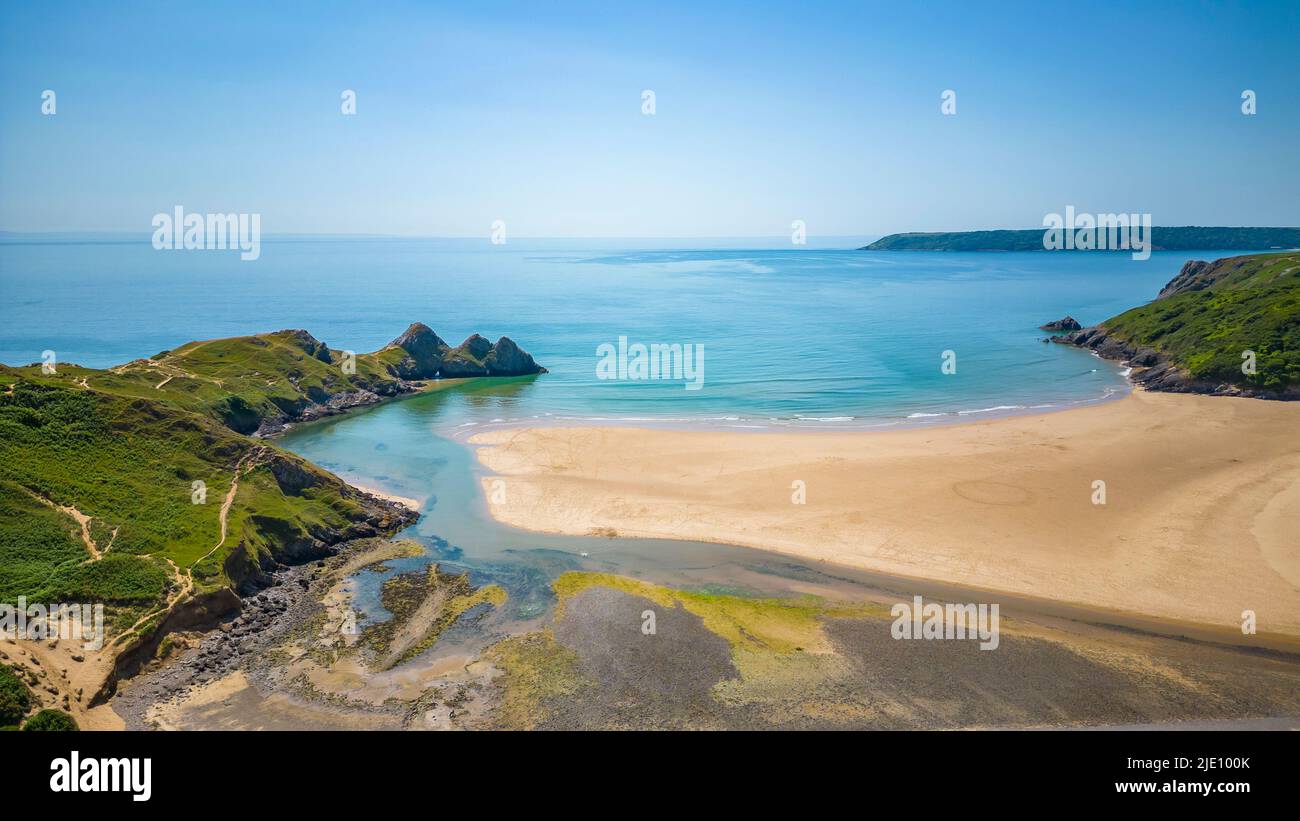 Three Cliffs Bay Swansea, Aufnahme mit der Drohne Stockfoto