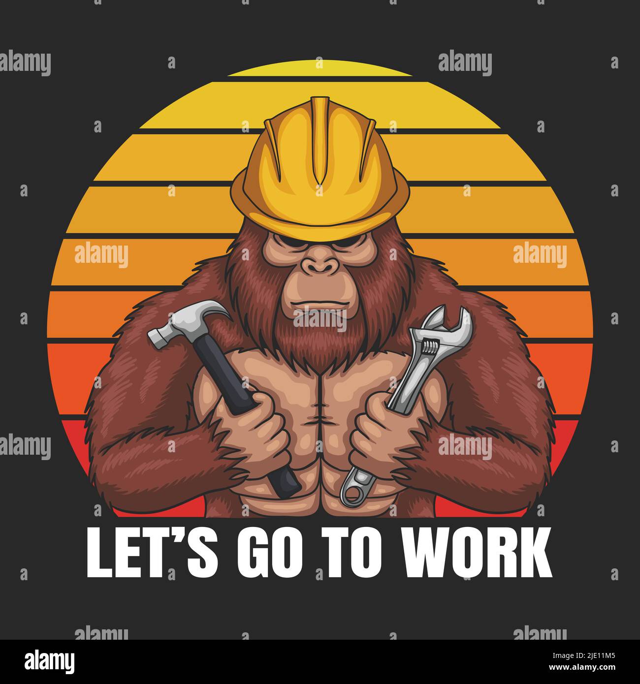 Bigfoot trägt einen Helm Arbeiter Retro-Vektor-Illustration Stock Vektor