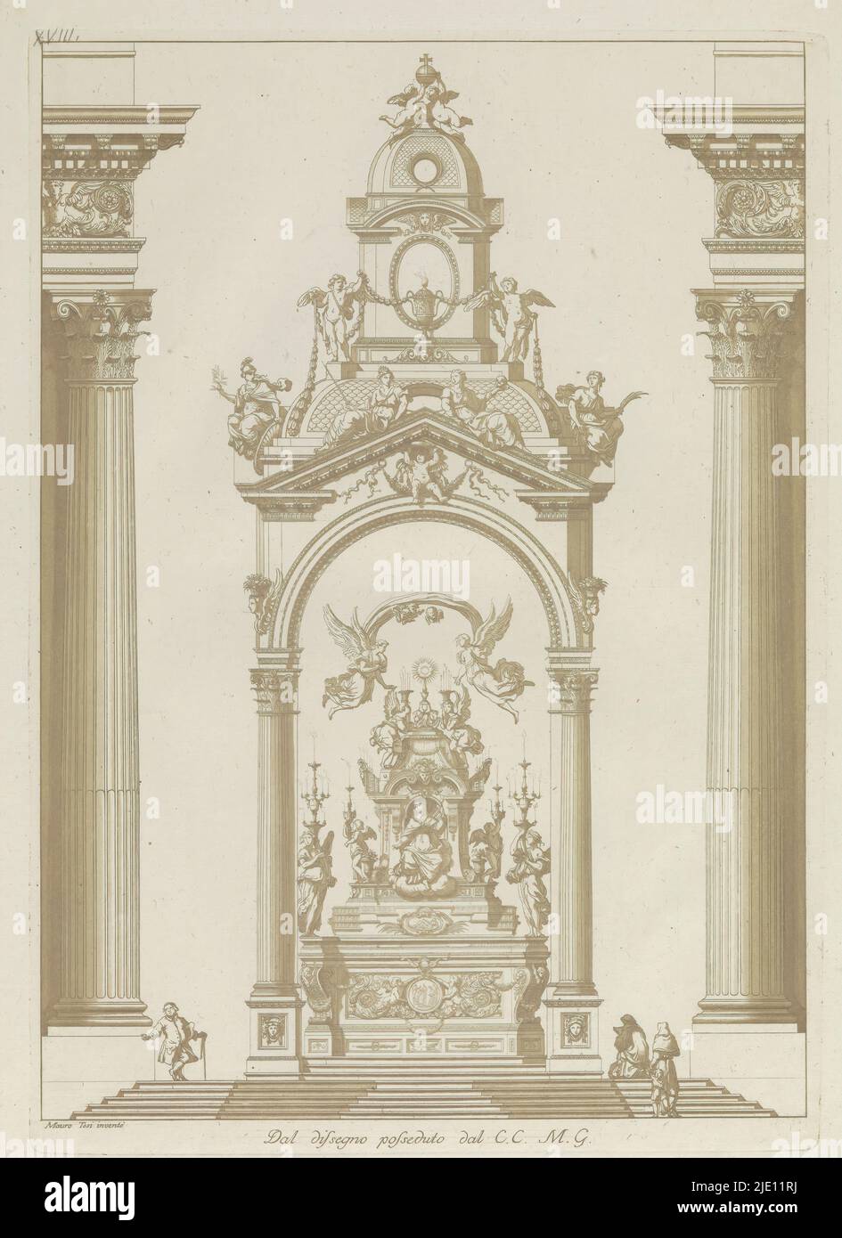 Kircheninterieur mit Altar umgeben von kerzentragenden Engeln, Raccolta di dissegni originali di Mauro Tesi (Serientitel), Print ist Teil eines Albums., Druckerei: Anonym, nach Zeichnung von: Mauro Antonio Tesi, (Objektbezeichnung), Verlag: Lodovico Inig, Bologna, 1787, Papier, Radierung, Höhe 348 mm × Breite 244 mm, Höhe 414 mm × Breite 289 mm Stockfoto