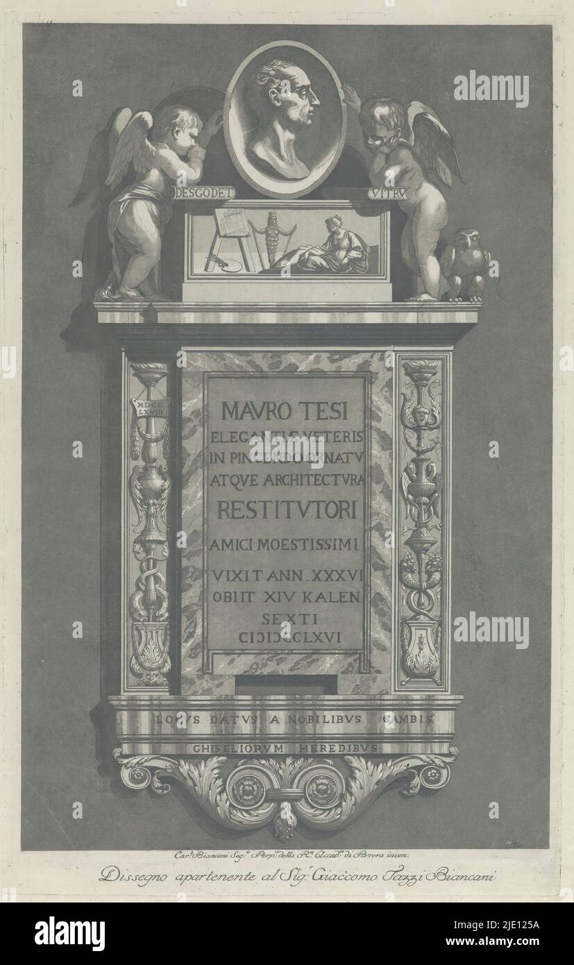 Monument to Mauro Tesi, Raccolta di dissegni originali di Mauro Tesi (Serientitel), Print ist Teil eines Albums., Druckerei: Anonym, nach Zeichnung von: Carlo Bianconi, (Objektbezeichnung), Verleger: Lodovico Inig, Bologna, 1787, Papier, Radierung, Höhe 361 mm × Breite 230 mm, Höhe 414 mm × Breite 289 mm Stockfoto