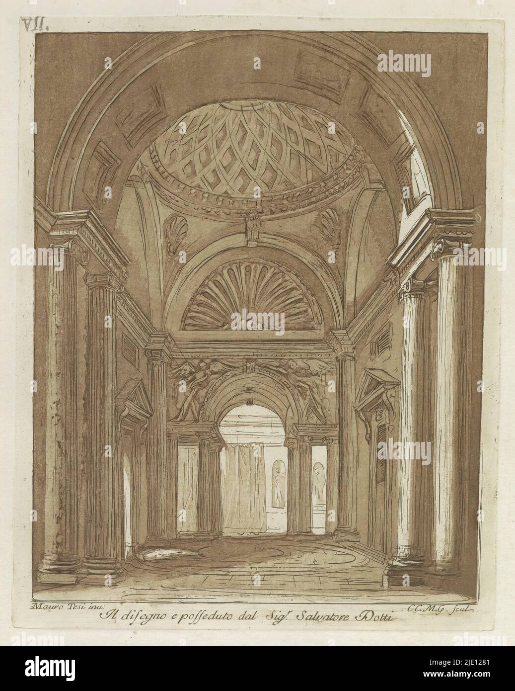 Interieur mit gewölbtem Gewölbe, Raccolta di dissegni originali di Mauro Tesi (Serientitel), Print ist Teil eines Albums., Druckerei: Cesare Massimiliano Gini, (Objektbezeichnung), nach Zeichnung von: Mauro Antonio Tesi, (Objektbezeichnung), Verlag: Lodovico Inig, Bologna, 1787, Papier, Radierung, Höhe 203 mm × Breite 161 mm, Höhe 414 mm × Breite 289 mm Stockfoto