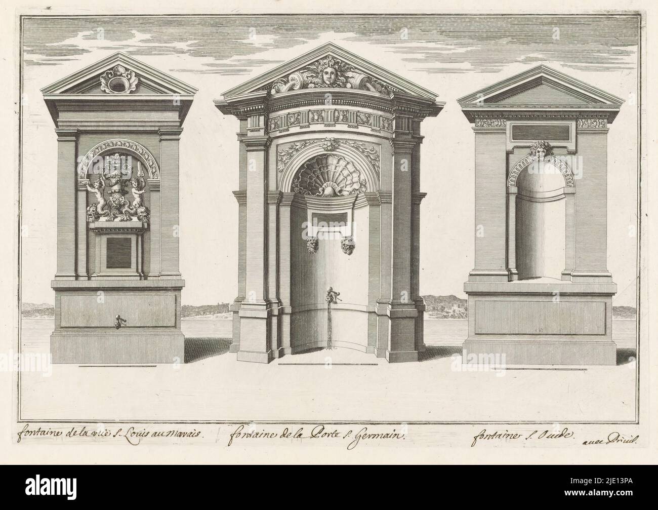 Drei Brunnen, möglicherweise aus Paris, Druckerei: Langlois, (zugeschrieben), c. 1600 - c. 1750, Papier, Radierung, Gravur, Höhe 270 mm × Breite 365 mm, Höhe 203 mm × Breite 295 mm Stockfoto