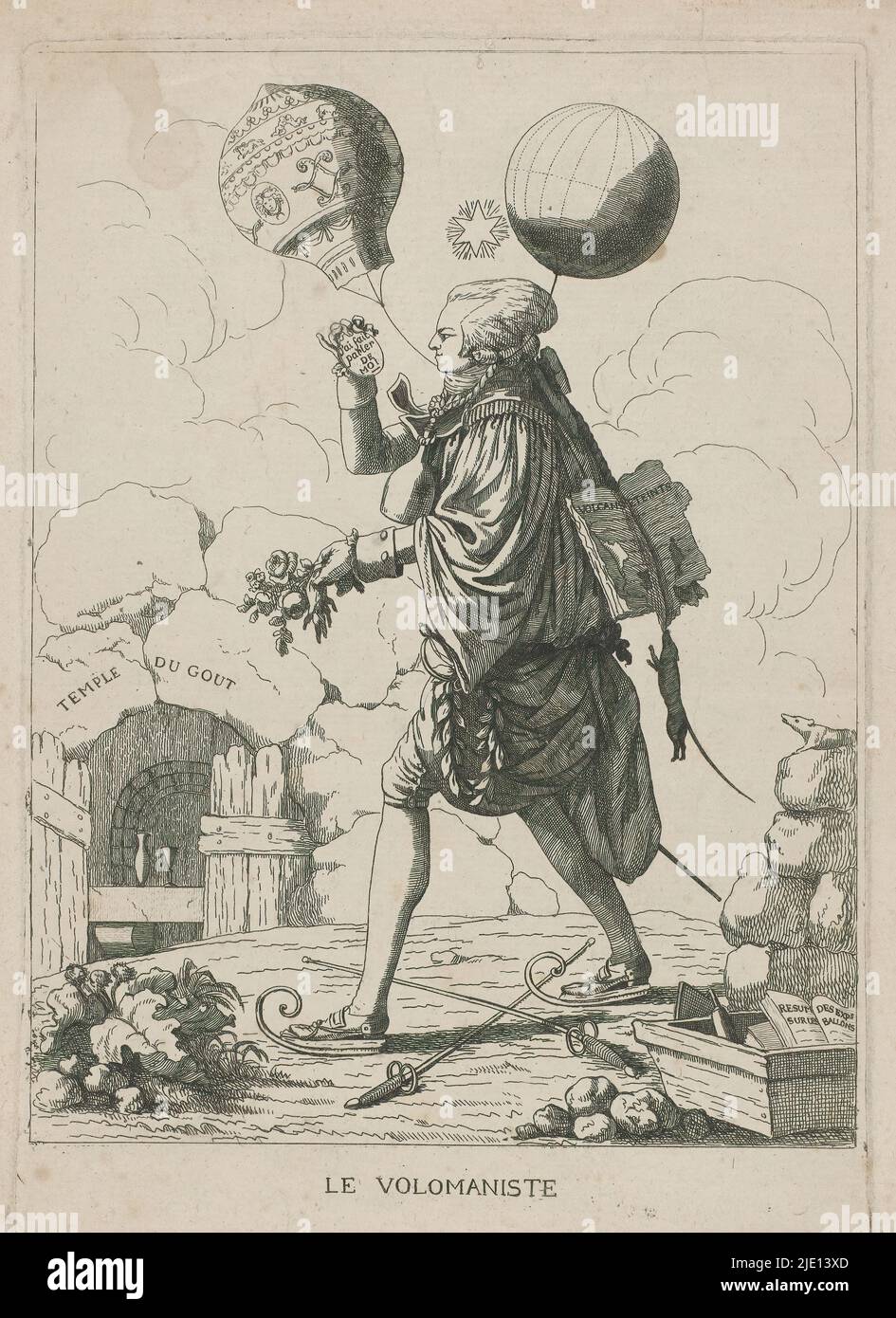 Satire über einen Ballonfahrer, Le volomaniste (Titel auf Objekt), Satire über den Ballonfahrer, möglicherweise über Barthélemy Faujas de Saint-Fond, der 1783-84 auf den Flügen der Brüder Montgolfier veröffentlichte. Der Mensch geht auf Schlittschuhe über das Land zum Tor 'Temple du Gout'. An seinem Kopf zwei Heißluftballons. Auf seinem Rücken ist eine rattengefressen Kopie seines Buches 'Recherches sur les volcans éteints du Vivarais et du Velay' von 1778., Druckerei: Anonym, Frankreich, 1784 - 1785, Papier, Ätzen, Höhe 230 mm × Breite 160 mm, Höhe 245 mm × Breite 180 mm Stockfoto
