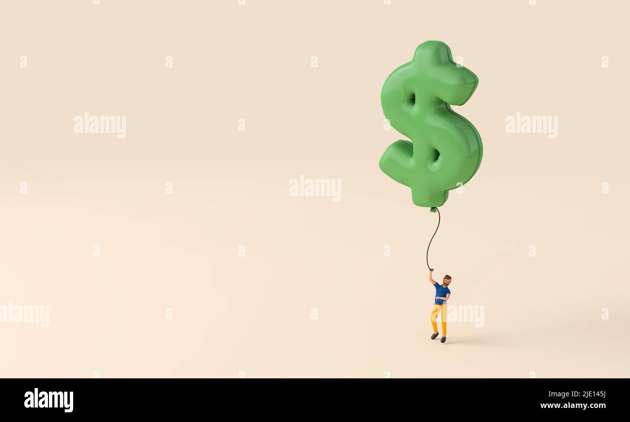 Geschäftsmann hält einen überhöhten Dollar-Ballon. Finanzkonzept. 3D Rendering Stockfoto