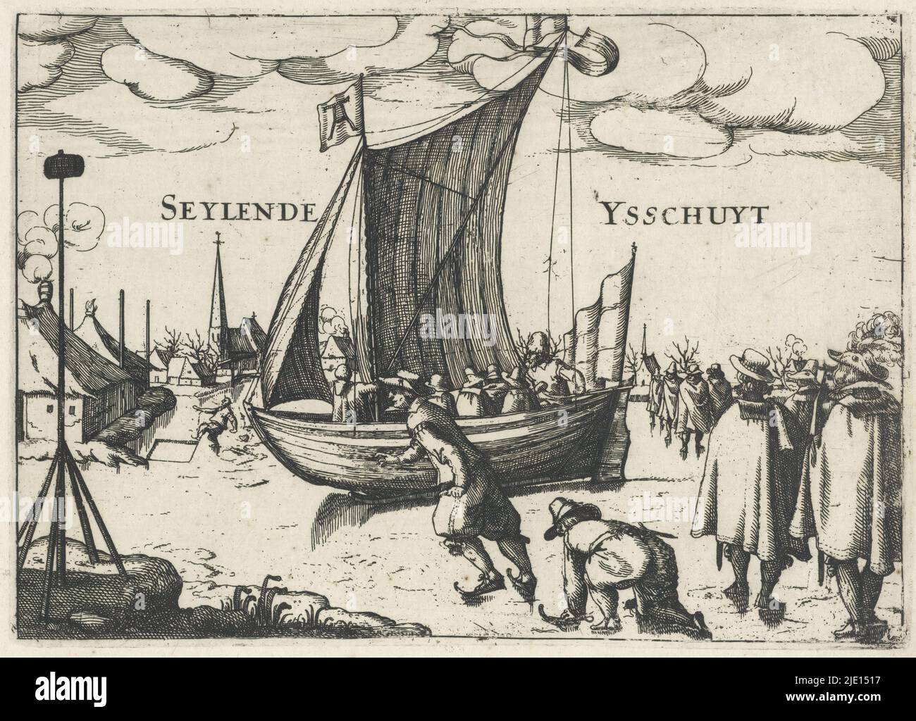 Eisansicht mit Segelschiff, Seylende Ysschuyt (Titel auf Objekt), Barge und Segelwagen (Serientitel), Eisansicht mit Segelschiff inmitten von Skatern auf einem gefrorenen See am Rande eines Dorfes., Druckerei: Claes Jansz. Visscher (II), (zugeschrieben), nach eigenem Entwurf von: Claes Jansz. Visscher (II), (zugeschrieben), Druckerei: Pieter van der Keere, (zugeschrieben), Niederlande, c. 1608 - c. 1615, Papier, Radierung, Höhe 142 mm × Breite 198 mm, Höhe 172 mm × Breite 219 mm Stockfoto