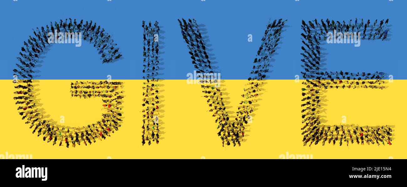 Konzept oder konzeptionelle große Gemeinschaft von Menschen bilden WORT geben auf ukrainische Flagge. 3D Illustration Metapher für Nächstenliebe, Hilfe, Gemeinschaft, generosi Stockfoto