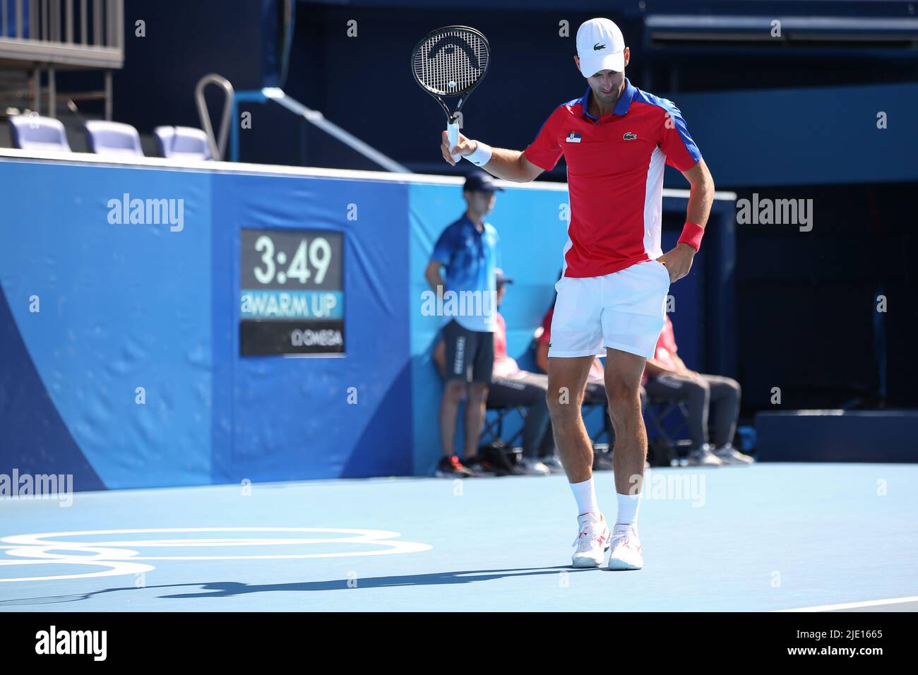 31.. JULI 2021 - TOKIO, JAPAN: Novak Djokovic aus Serbien ist während des Tennis Men's Singles Bronze Medal Match bei den Olympischen Spielen in Tokio 2020 in Aktion Stockfoto