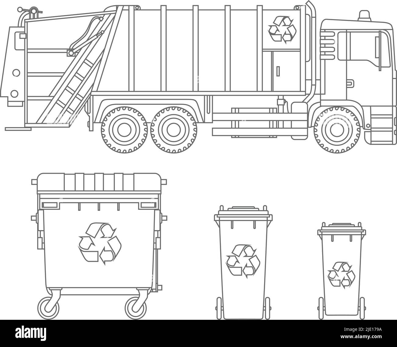 Müllwagen und drei Varianten von Mülltonnen auf weißem Hintergrund in flachem Stil. Stock Vektor