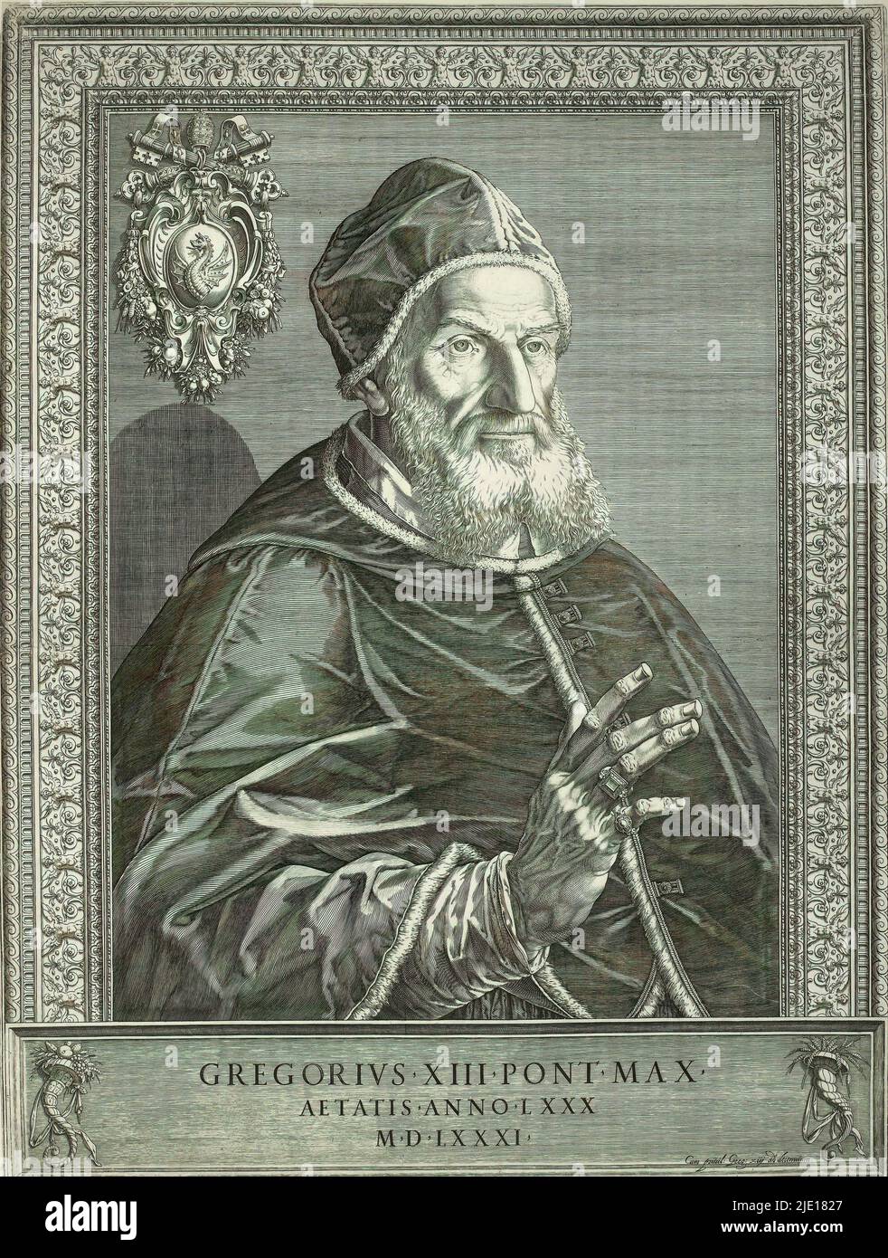 Porträt von Papst Gregor XIII., Druckerei: Anton Eisenhoit, (auf Objekt erwähnt), Gregorius XIV, (auf Objekt erwähnt), 1581, Papier, Gravur, Höhe 552 mm × Breite 413 mm Stockfoto