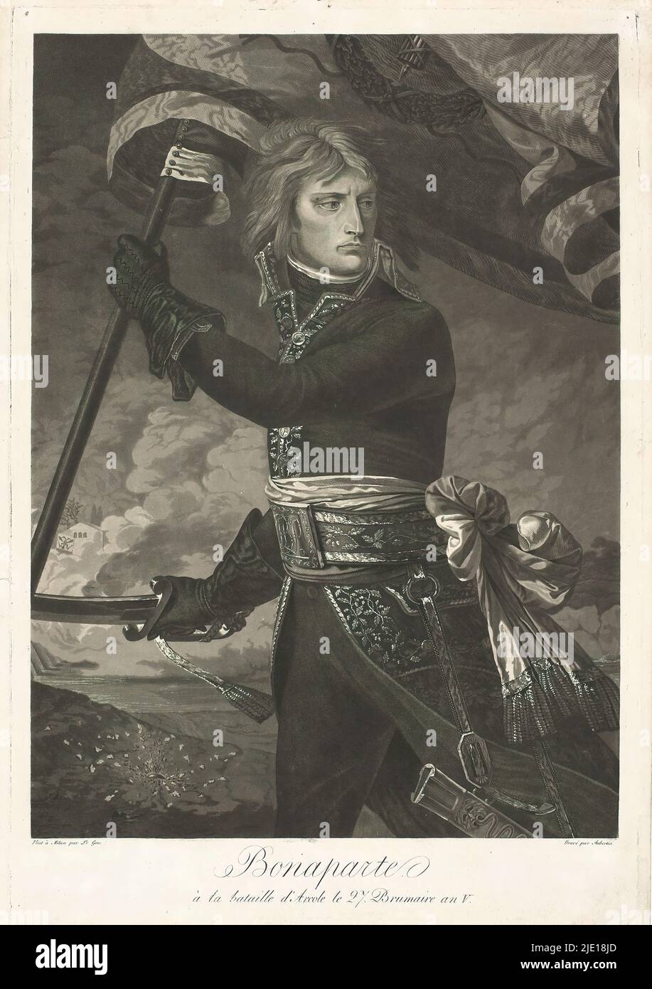 Porträt von Napoleon Bonaparte bei der Schlacht von Arcole, Bonaparte à la bataille d'Arcole le 27. Brumaire an V. (Titel auf Objekt), Druckerei: François Aubertin, (Erwähnung auf Objekt), nach Malerei von: Antoine-Jean Gros, (Erwähnung auf Objekt), Druckerei: Gagot, (Erwähnung auf Objekt), Druckerei: Frankreich, Nach dem Gemälde von: Milaan, 1783 - 1821, Papier, Radierung, Höhe 488 mm × Breite 333 mm Stockfoto