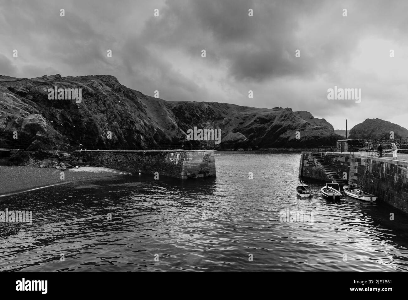 Blick auf Mullion Cove Harbor, Cornwall an einem Junimorgen Stockfoto