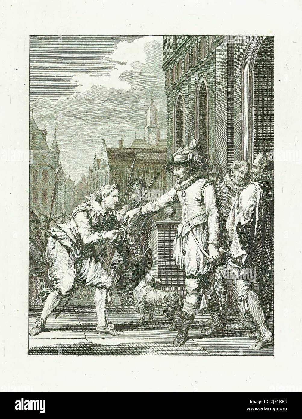 Orange gibt Goignies sein Schwert, 1578, Willem beschenkt Goisnies met zyn kling / XX. zang (Titel auf Objekt), Taferelen uit het leven van prins Willem I, 1568-1584 (Serientitel), Kunstplatten gehorende tot het herdendet Willem den Eersten, in vier en twintig zangen door den Nederlandschen dichter J. Nomsz. (Serientitel auf Objekt), Goignies, auf Wunsch von Mondragon veröffentlicht, erhält von Orange ein Schwert, 1578. Zwanzigstes Lied., Druckerei: Theodoor Koning, nach Gestaltung von: Jacobus Buys, nach Zeichnung von: Jacobus Buys, Druckerei: Nord-Niederlande, Verlag: Amsterdam, Verlag: AMS Stockfoto