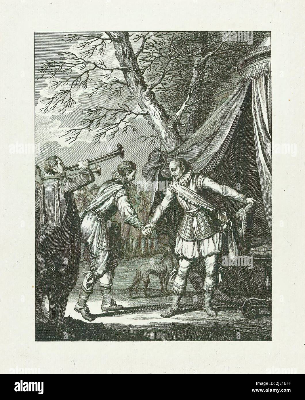 Treffen zwischen Orange und Mondragon, 1573, Treffen tusch. William und Mondragon / XI. Lied (Titel auf Objekt), Szenen aus dem Leben von Prinz William I., 1568-1584 (Serientitel), Kunsttafeln zum heroischen Gedicht Willem den Eersten, in vier en twintig zangen von den Nederlandschen dichter J. Nomsz. (Serientitel auf Objekt), Treffen zwischen Wilhelm von Oranien und Mondragon vor einem Armeezelt bei Middelburg, 1573. Elfter Song., Druckerei: Theodoor Koning, nach Gestaltung von: Jacobus Buys, nach Zeichnung von: Jacobus Buys, Druckerei: Nord-Niederlande, Verlag: Amsterdam, publis Stockfoto
