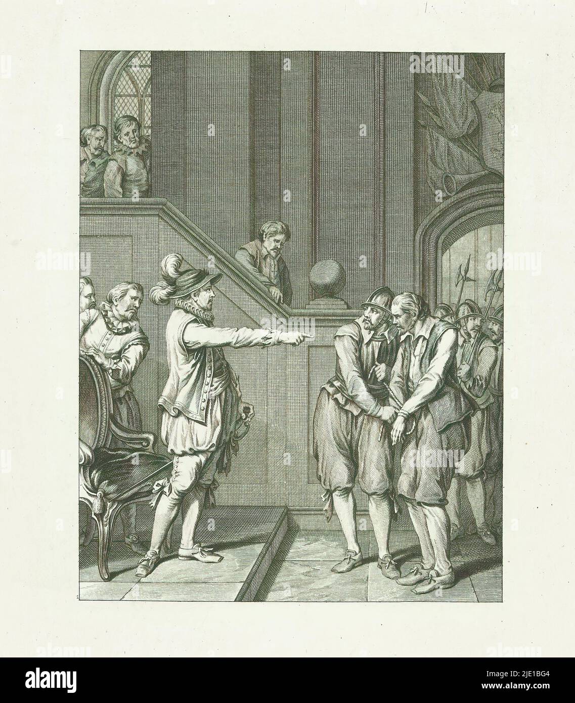 William, ein spanischer hopman, der vor Orange, 1577, gebracht wurde, entlässt den Missionar von Don John / XVIII. Lied (Titel auf Objekt), Szenen aus dem Leben von Prinz William I., 1568-1584 (Serientitel), Kunsttafeln, die zum heroischen Gedicht William der erste gehören, In vierundzwanzig Liedern des niederländischen Dichters J. Nomsz. (Serientitel auf Objekt), Ein spanisch-gesinnter hopman, der 1577 in Handschellen dem Prinzen von Orange vorgeführt wurde. Achtzehnten Song., Druckerei: Theodoor Koning, nach Gestaltung von: Jacobus Buys, nach Zeichnung von: Jacobus Buys, Druckerei: Nordniederland, Verlag: Amsterdam, Verlag: AMST Stockfoto