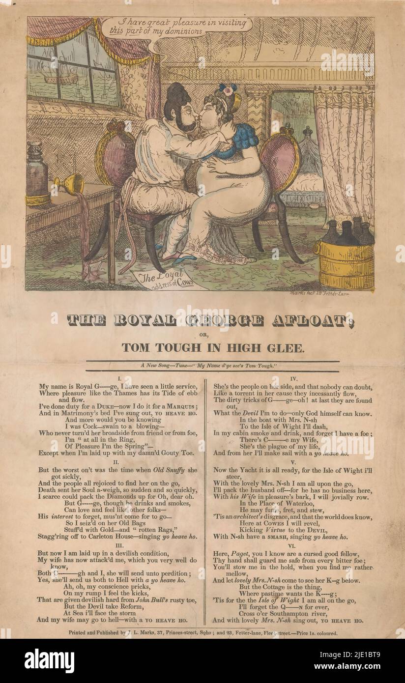 Karikatur zu König George IV. Und Frau Nash, dem Royal George im Wasser; oder, Tom Tough in großer Freude (Titel auf Objekt), Karikatur, in der König George IV. Frau Nash an Bord der Royal Yacht küsst. Auf dem Blatt unter der Platte ein Lied in sechs Strophen in zwei Spalten., Druckerei: J. Lewis Marks, (auf Objekt erwähnt), Verlag: J. Lewis Marks, (auf Objekt erwähnt), Druckerei: England, Verlag: London, 1820, Papier, Radierung, Buchdruck, Höhe 403 mm × Breite 260 mm Stockfoto