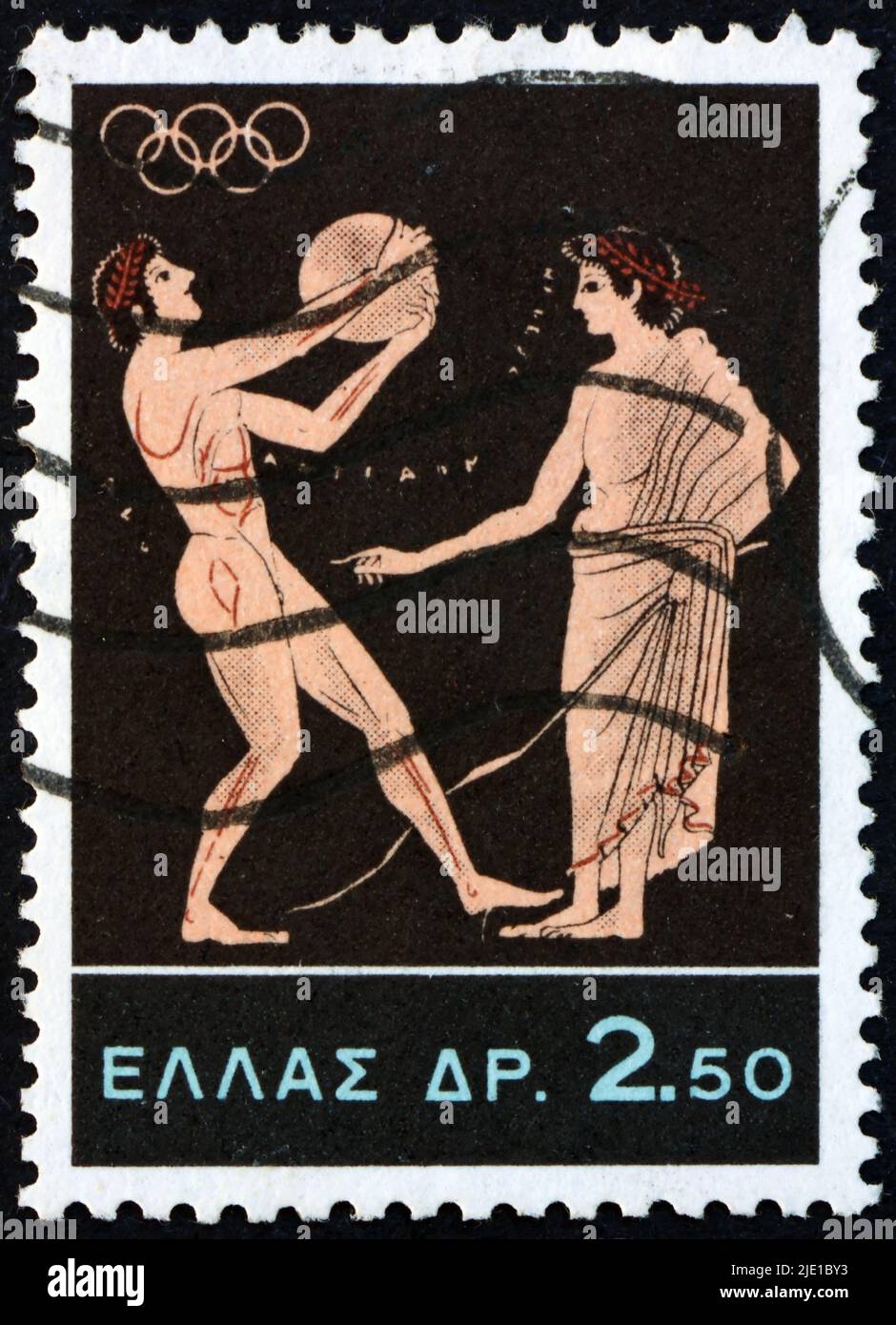 GRIECHENLAND - UM 1964: Eine in Griechenland gedruckte Briefmarke zeigt Diskuswerfer und Richter, Design aus Pitcher, Olympische Spiele 18., Tokio, um 1964 Stockfoto