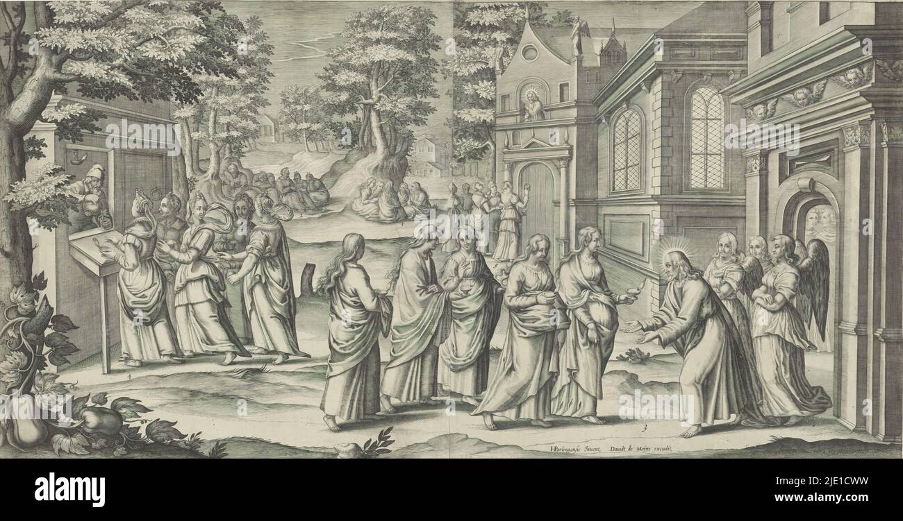 Gleichnis von den weisen und törichten Jungfrauen, Druckerei: Egbert van Panten, (zugeschrieben), Druckerei: Robert de Baudous, (abgelehnte Zuordnung), nach Entwurf von: Pieter Feddes van Harlingen, (erwähnt auf Objekt), Amsterdam, 1600 - 1620, Papier, Gravur, Höhe 427 mm × Breite 832 mm Stockfoto