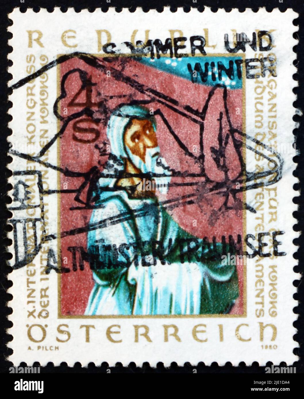 ÖSTERREICH - UM 1980: Eine in Österreich gedruckte Briefmarke zeigt Bibelillustration, Buch Genesis, um 1980 Stockfoto