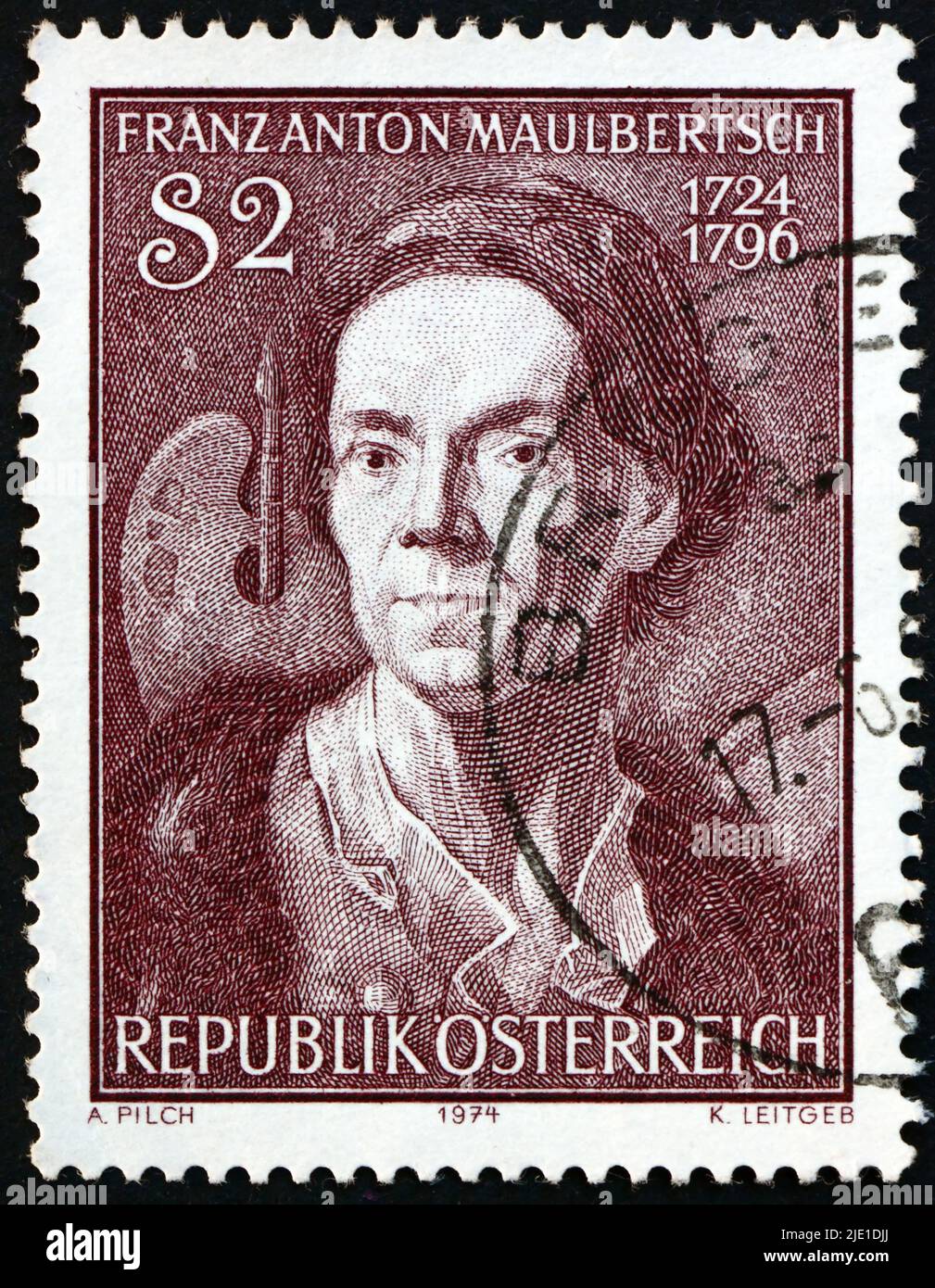 ÖSTERREICH - UM 1974: Eine in Österreich gedruckte Briefmarke zeigt Selbstporträt, Gemälde von Franz Anton Maulbertsch (1724-1796), österreichischer Maler, um 1974 Stockfoto