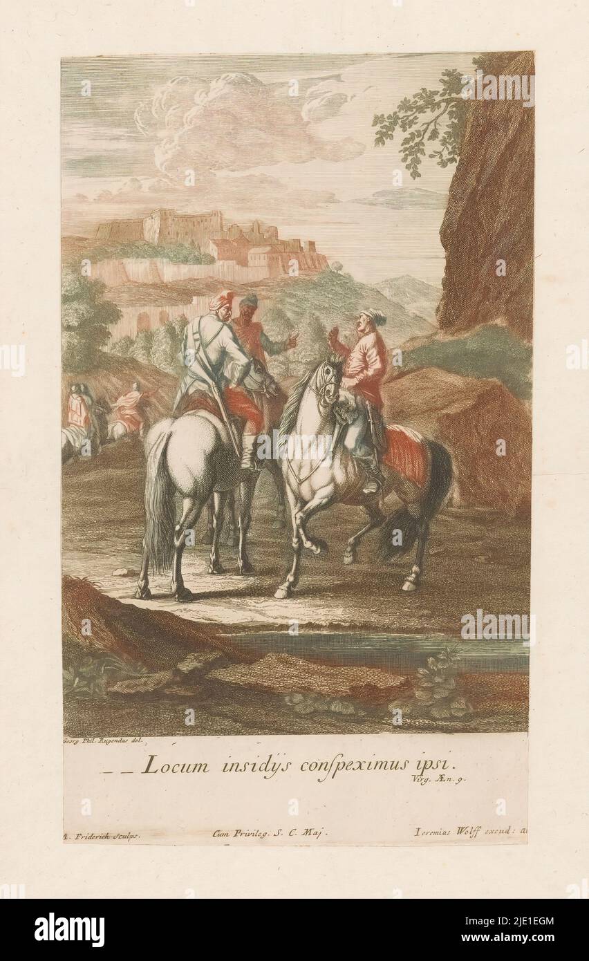 Reiter wählen einen guten Schlachtort, Locum insidijs conspeximus ippsi (Titel auf Objekt), Druckerei: Jacob Andreas Fridrich (I), (auf Objekt erwähnt), nach Zeichnung von: Georg Philipp Rugendas (I), (auf Objekt erwähnt), Verlag: Jeremias Wolf, (auf Objekt erwähnt), Verlag: Augsburg, Heilige Roomse Rijk, 1694 - 1724, Papier, Gravur, Radierung, Höhe 286 mm × Breite 168 mm Stockfoto