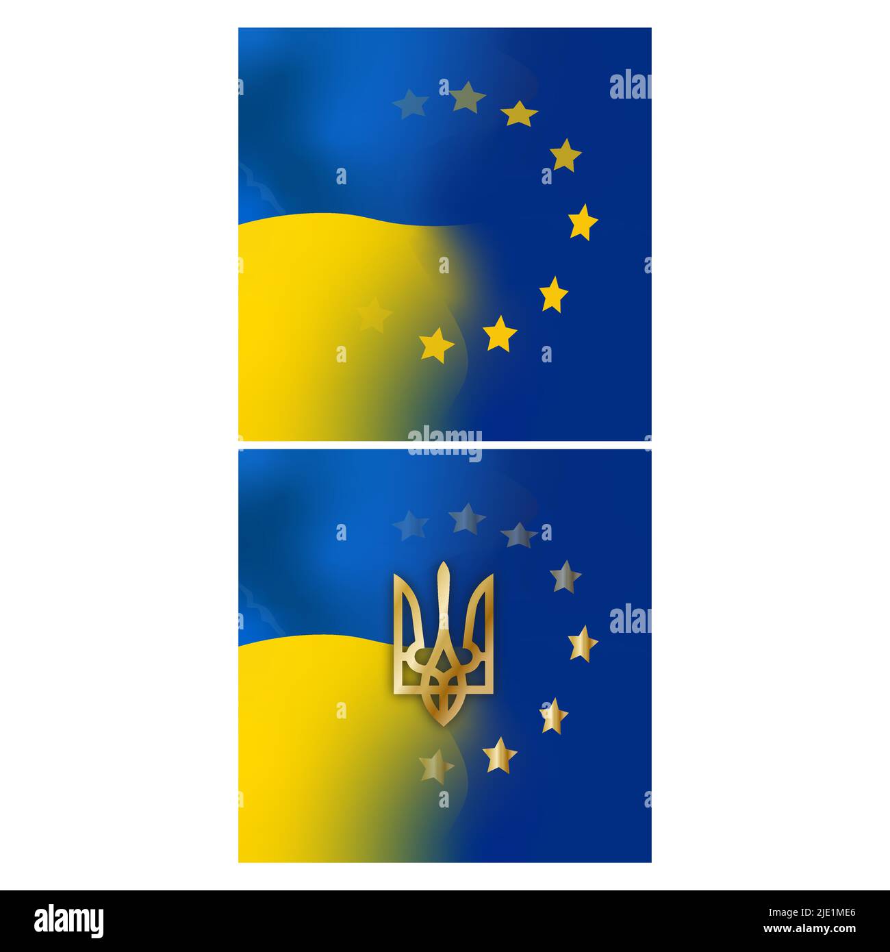 Flagge der Ukraine und Schild EU. Realistische ukrainische Illustration aus dem jahr 3D mit Flagge der Ukraine und Schild der Europäischen Union isoliert auf weißem Hintergrund. Europa Stock Vektor