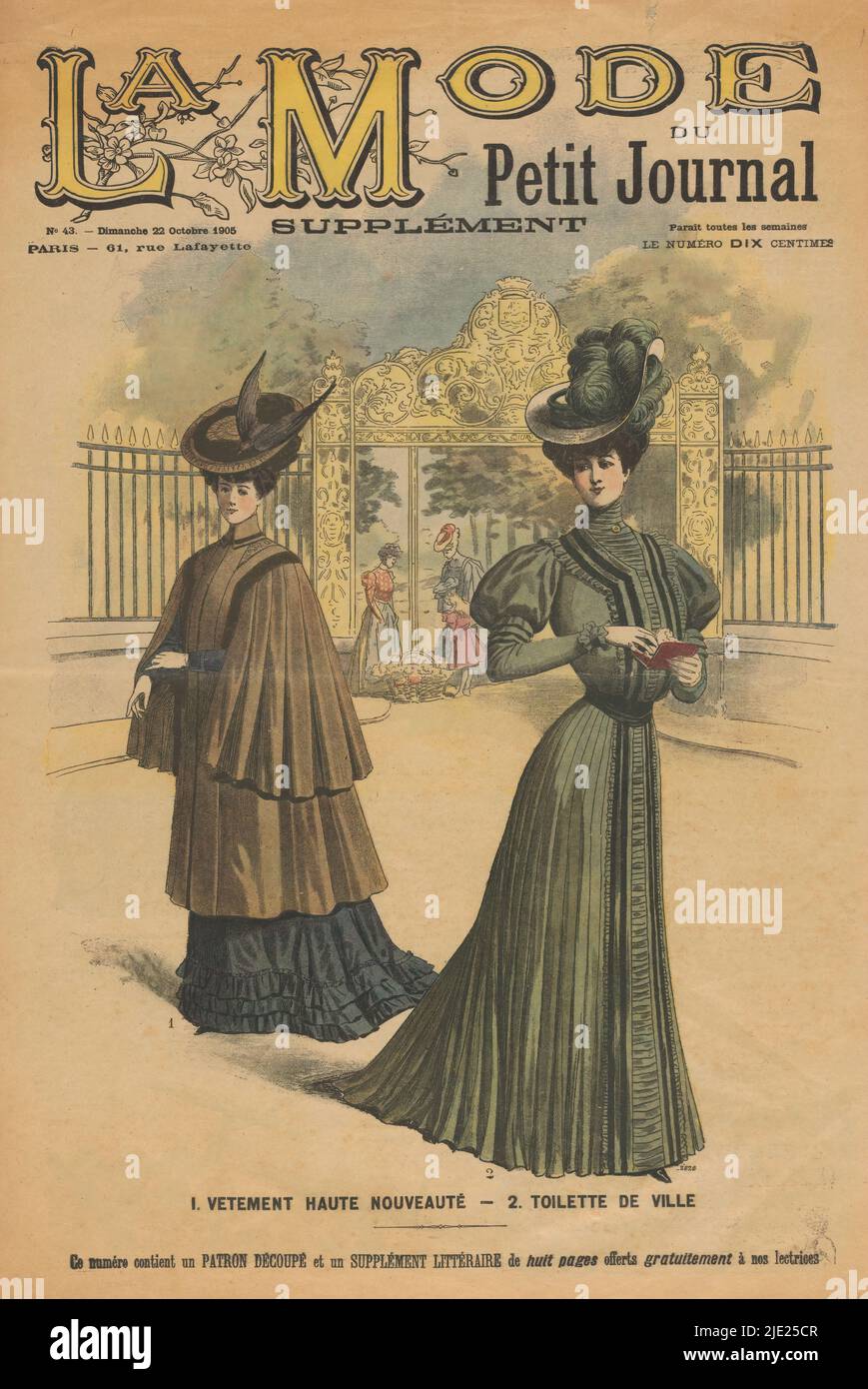 La Mode du Petit Journal: Supplement, Nr. 43. - Dimanche 22. Oktober 1905:-12. Trace tailleur en drap oliv (...), Doppelseite aus La Mode du Petit Journal: Beilage, Nr. 43. - Dimanche 22 Octobre 1905: Acht Modelle in voller Länge in verschiedenen Kleidern oder Kostümen Reitbekleidung. Vier Modelle 'en bust' mit verschiedenen Bodices und Boleros in ornamentaler Borte aus Bändern. La Mode du Petit Journal war die wöchentliche Modebeilage zum La Petit Journal, einer Pariser Wochenzeitung, die zwischen 1836 und 1944 veröffentlicht wurde., Druckerei: Anonym, Verlag: Anonym, Paris, 1905, Papier, Höhe 445 mm × Breite 622 Stockfoto