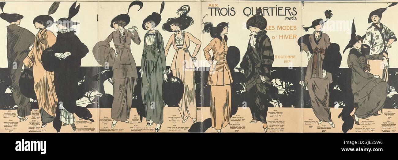 AUX Trois Quartiers Paris, Les Modes d'Hiver 6 Octobre 1913, Eleven Modelle der Herbstkollektion 1913 des Pariser Modehaus „Trois Quartiers“: Kleider, Mäntel und Hüte. Mit Erwähnung von Stoff und Preis. Verso: Comptoir des Robes non terminées. Neben den Bildern Text über Bestellungen und Lieferungen: 'Services des Expéditions'., nach Zeichnung von: Paul Méras, Verlag: Anonymous, Paris, 1913, Papier, Höhe 320 mm × Breite 954 mm Stockfoto