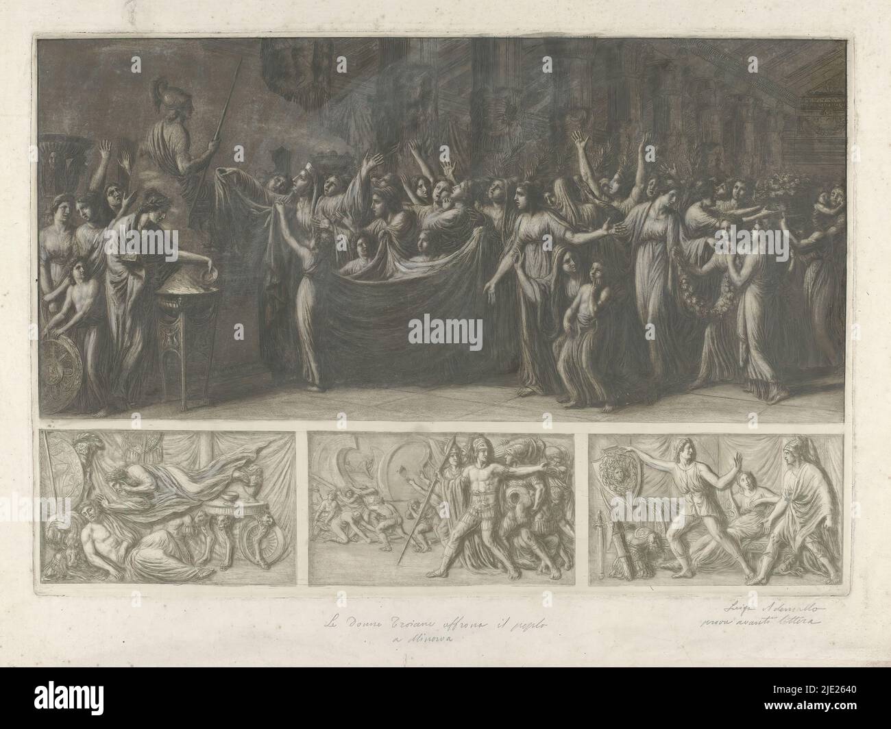 Vier Szenen aus dem Trojanischen Krieg, über einer großen Darstellung der trojanischen Frauen, die Peplos die Statue von Minerva darbringen. Unten drei kleinere Szenen aus dem Trojanischen Krieg., Druckerei: Luigi Ademollo, Italien, 1774 - 1849, Papier, Radierung, Bürste, Höhe 345 mm × Breite 504 mm Stockfoto