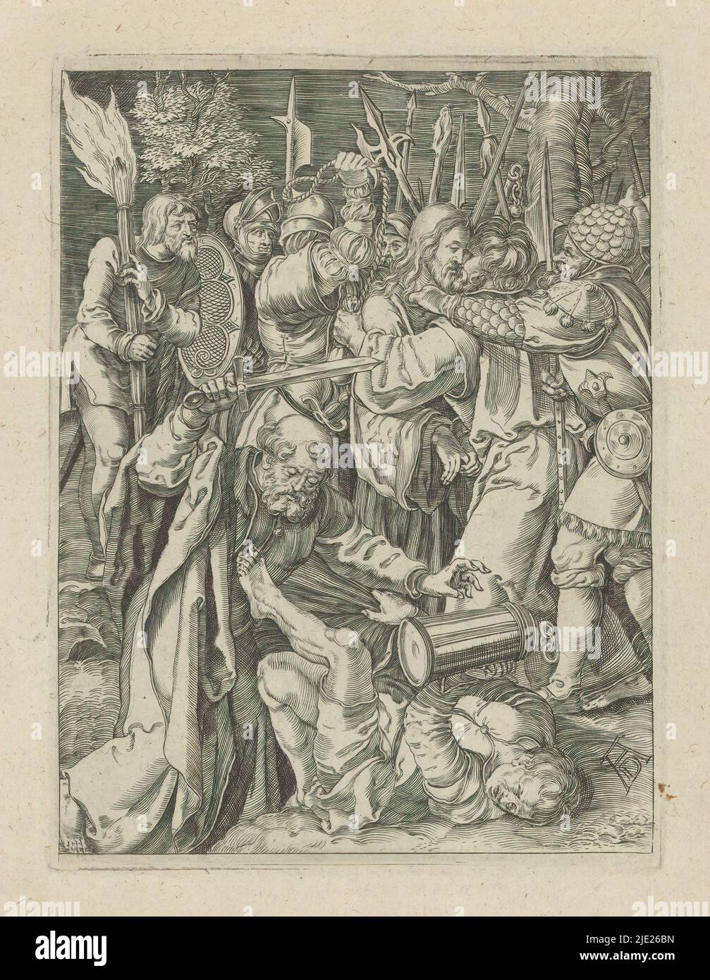 Capture of Christ, The Little Passion (Serientitel), Passio Christi ab Alberto Durer Nurenburgensi Effigiata (Serientitel), Christus wird von Soldaten im Garten Gethsemane gefangen genommen. Judas küsst ihn auf die Wange. Im Vordergrund schneidet Peter Malchus ein Ohr ab. Der Druck ist Teil eines Albums., Druckerei: Anonym, nach Druck von: Albrecht Dürer, (auf Objekt erwähnt), Verlag: Broer Jansz. (Den Haag), Den Haag, 1610 - 1620, Papier, Gravur, Höhe 130 mm × Breite 99 mm Stockfoto