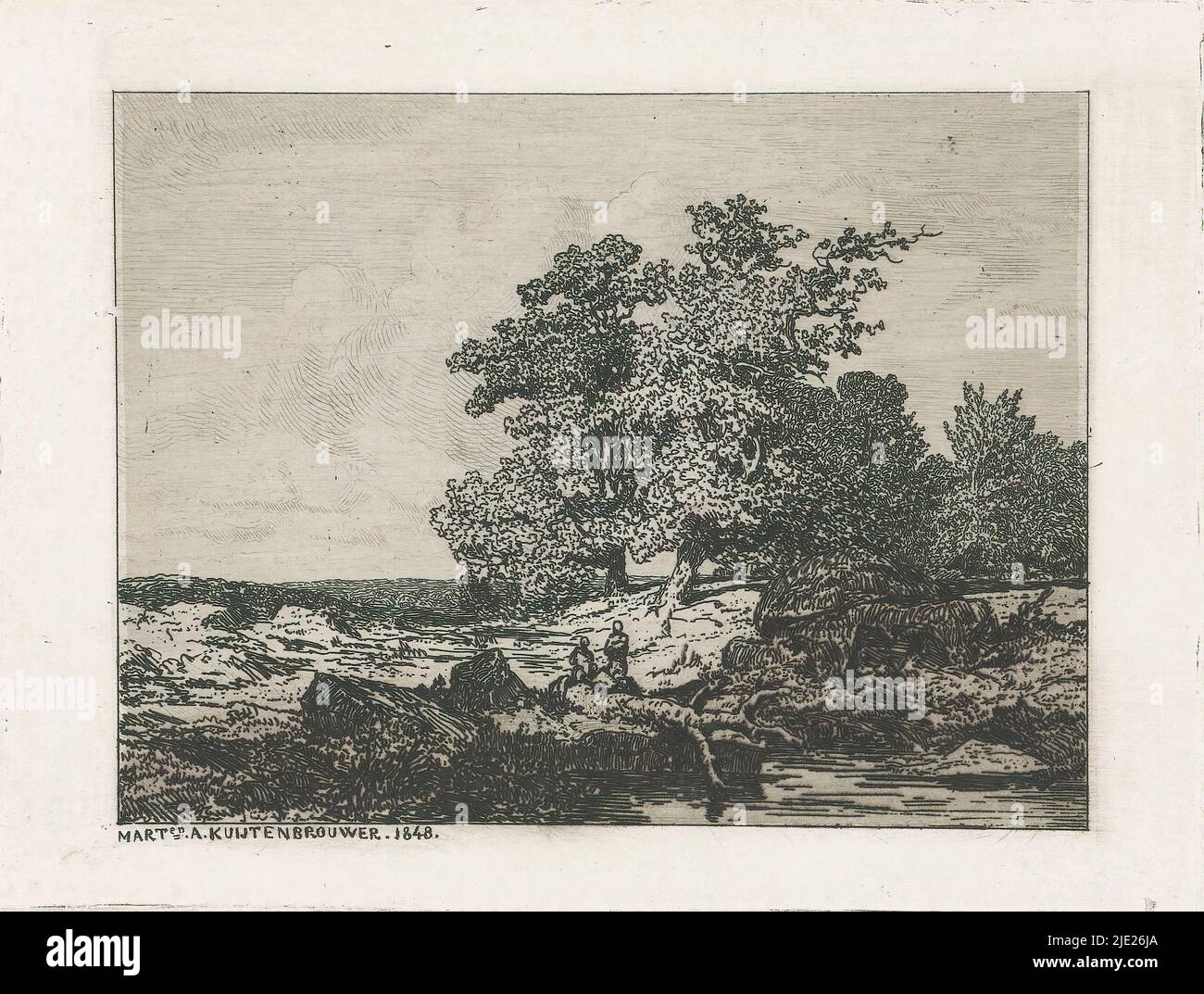 Landschaft mit Eichen, Landschaft mit Eichen und einem Fluss. In der Mitte zwei stehende Figuren., Druckerei: Martinus Antonius Kuytenbrouwer jr., (auf Objekt erwähnt), Paris, 1848, Papier, Ätzung, Höhe 111 mm × Breite 147 mm Stockfoto