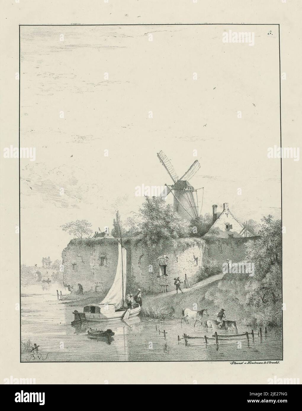 Flusslandschaft mit Blick auf Mühle, Landschaften (Serientitel), Blick auf eine Festung, möglicherweise Festung Manenburg in Utrecht, in der Nähe des Flussufers, auf dem eine Mühle gebaut wird. Ein Segelschiff ist am Ufer vertäut. Rechts ein Reiter, der ein anderes Pferd durch das Wasser führt. In der Mitte der Szene eine ummauerte Stadt mit dem Gesicht der Mühle., Druckerei: Bruno van Straaten (I), (auf Objekt erwähnt), Drucker: Johannes Paulus Houtman, (auf Objekt erwähnt), Herausgeber: Johannes Paulus Houtman, (auf Objekt erwähnt), Utrecht, c. 1858 - c. 1859, Papier, Höhe 380 mm × Breite 268 mm Stockfoto