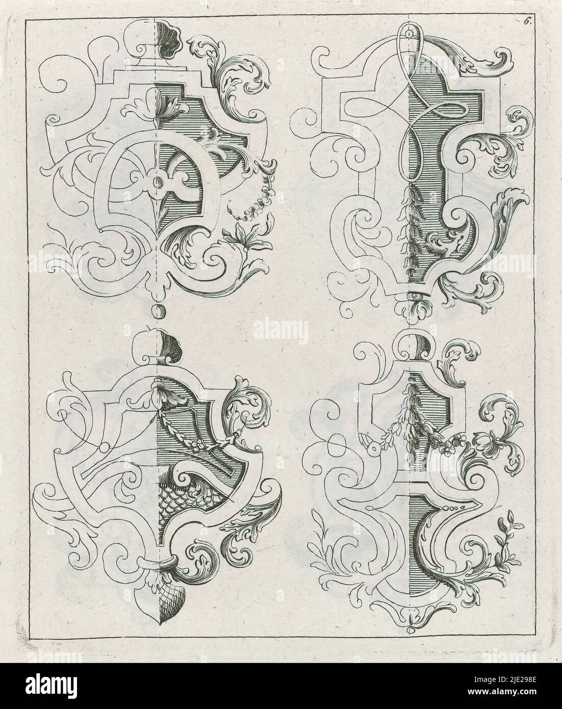 Vier Verzierungen mit Flechtwerk, II Anleitung zu Groteschen Schild und anderen Verzierungen (...) (Serientitel), vier Rocaille-Dekorationen mit Flechtwerk, Blattmotiven und Girlanden, mit Strichzeichnungen., Druckerei: Anonym, nach Entwurf: Johann Daniel Preissler, Neurenberg, 1704 - 1737, Papier, Radierung, Gravur, Höhe 185 mm × Breite 155 mm Stockfoto