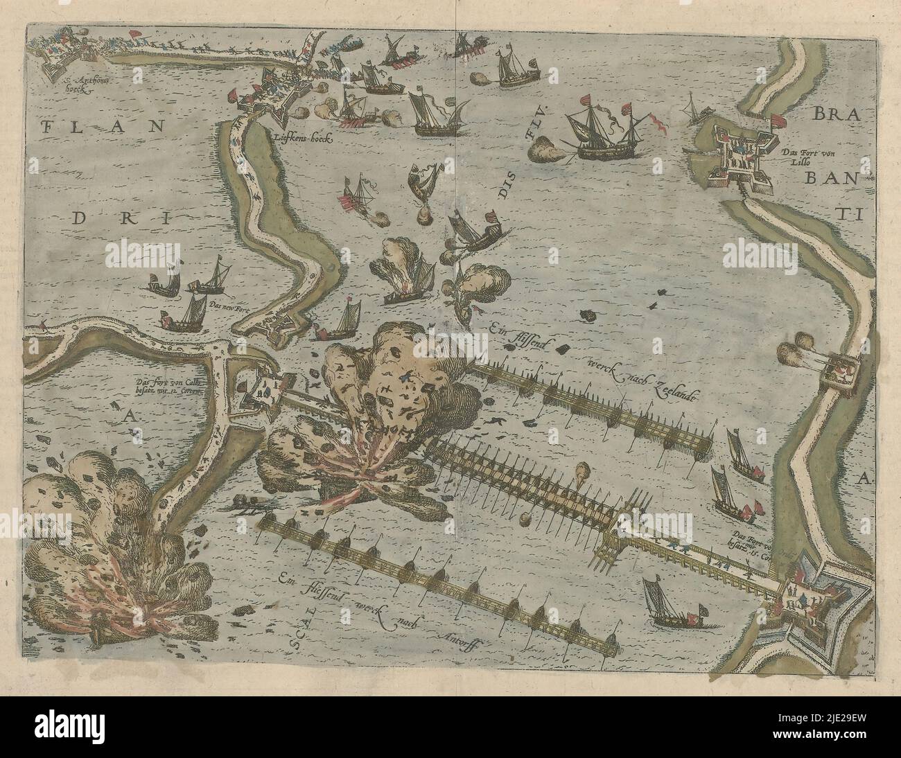 Schiffsbrücke von Parma über die Schelde gesprengt, 1585, Serie 9: Niederländische und deutsche Veranstaltungen, 1583-1587 (Serientitel), Schiffsbrücke des Herzogs von Parma über die Schelde gesprengt, 5. April 1585. Gedruckt mit einem Cache über der Bildunterschrift., Druckerei: Frans Hogenberg, Köln, 1588, Papier, Radierung, Höhe 266 mm × Breite 359 mm Stockfoto