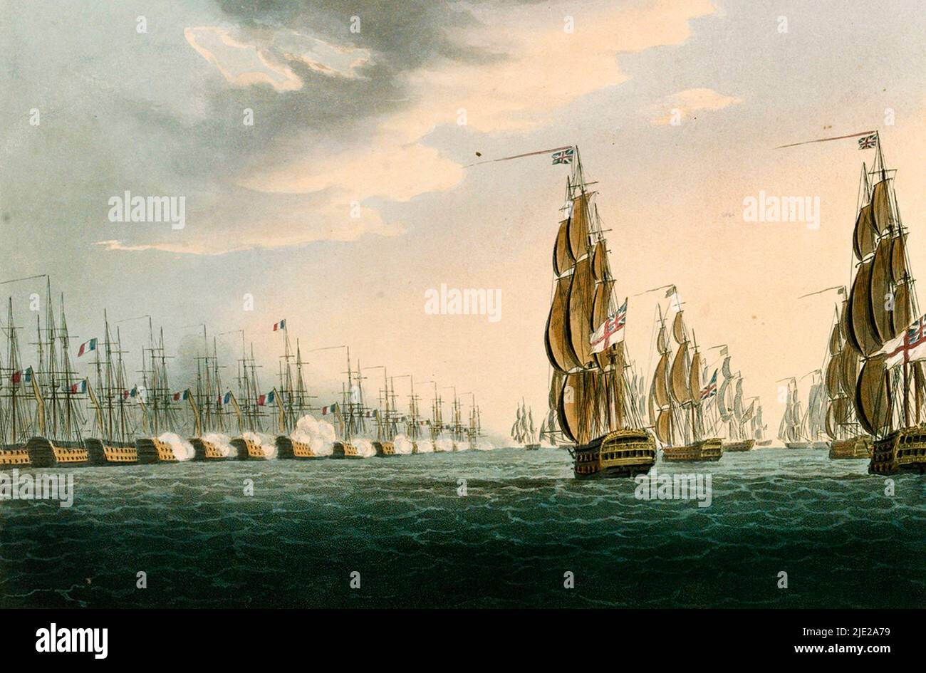 Die britische Flotte setzt sich bei der Schlacht am Nil auf die französische Linie, Augt 1. 1798, gemalt von Thomas Whitcombe Stockfoto