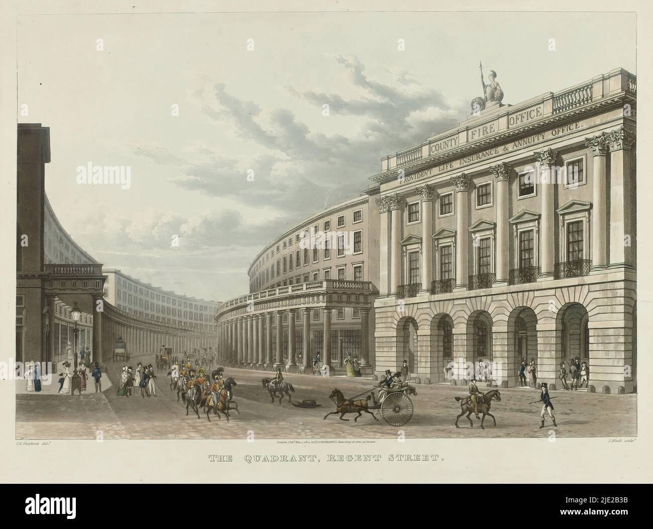 Ansicht der Regent Street in London, des Quadranten, der Regent Street (Titel auf Objekt), Ansicht des Quadranten in der Regent Street, mit dem County Fire Office auf der rechten Seite. Farbige Aquatinta im Originalrahmen., Druckerei: John Bluck, (auf Objekt erwähnt), nach Zeichnung von: Thomas Hosmer Shepherd, (auf Objekt erwähnt), Verlag: Rudolph Ackermann, (auf Objekt erwähnt), Druckerei: England, Verlag: London, 1-Mai-1822, Papier, Radierung, Höhe 427 mm × Breite 527 mm Stockfoto