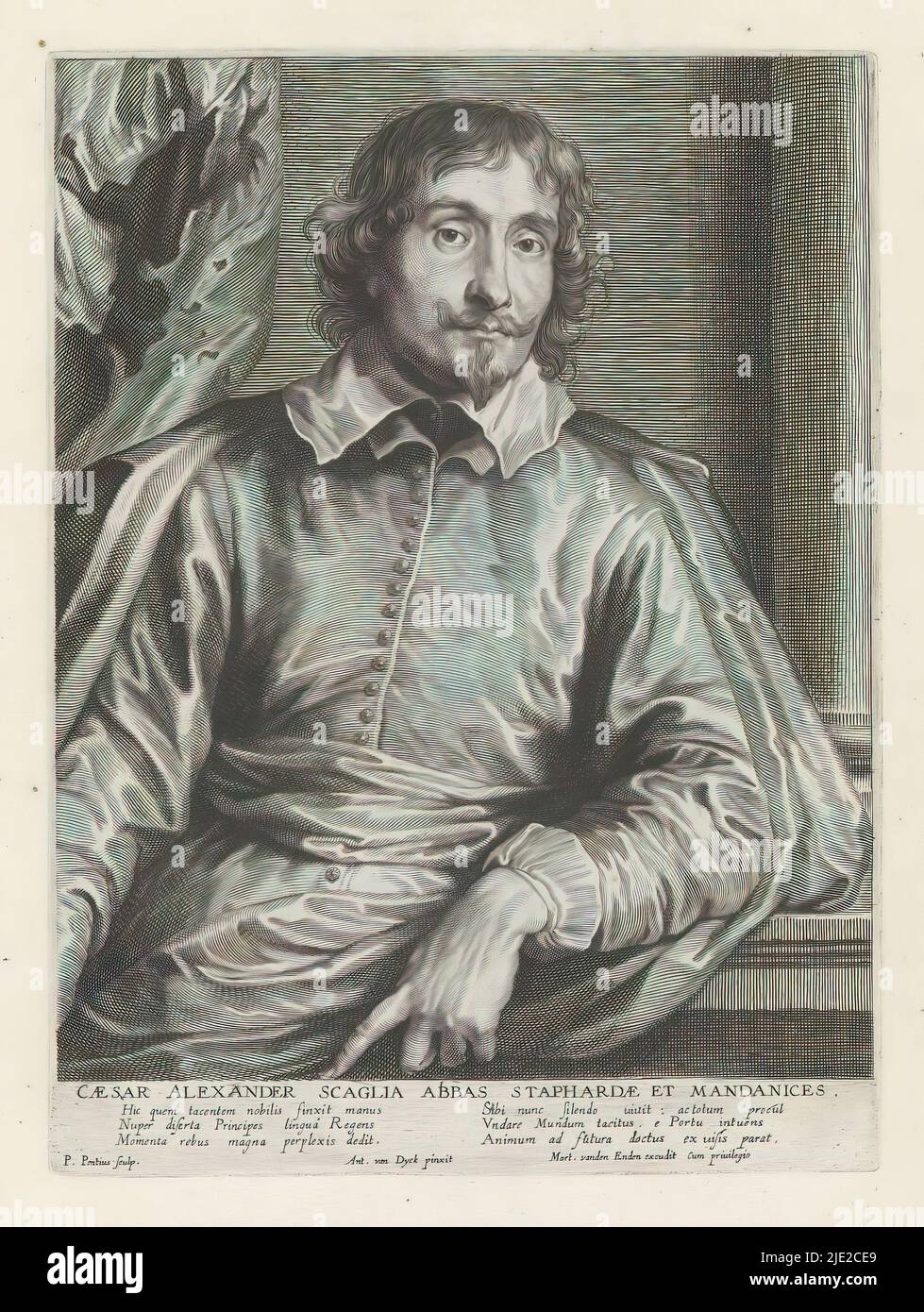 Portrait of Cesare Alessandro Scaglia, Icones Principum Vivorum Doctorum Pictorum Chalkogragraphorum Statuariorum nec non Amatorum Pictoriae Artis Numero Centum ab Antonio van Dyck Pictore ad Vivum Expressae Eiusq: Sumptibus aeri incisae (Serientitel), Iconographie (Serientitel), dieser Druck ist Teil eines Albums., Druckerei: Paulus Pontius, (auf Objekt erwähnt), nach Malerei von: Anthony van Dyck, (auf Objekt erwähnt), Verlag: Gilles Hendricx, Antwerpen, 1630 - 1641 und/oder 1645 - 1646, Papier, Gravur, Höhe 248 mm × Breite 183 mm Stockfoto